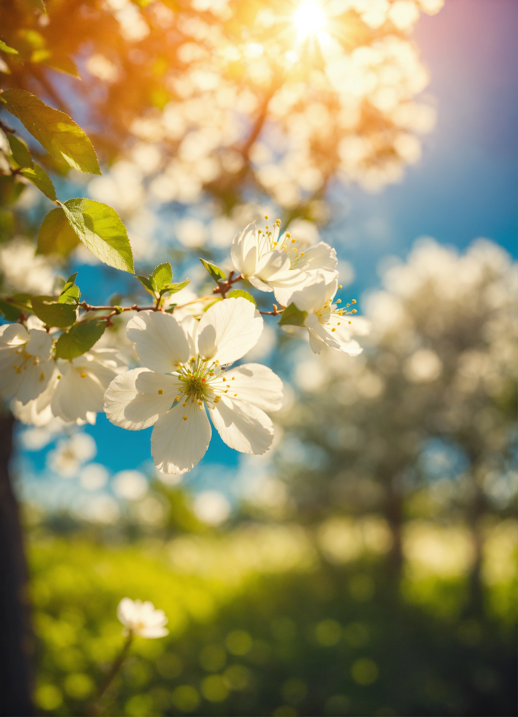 Lexica - White flowers, blue sky, trees and sun shining in the ...