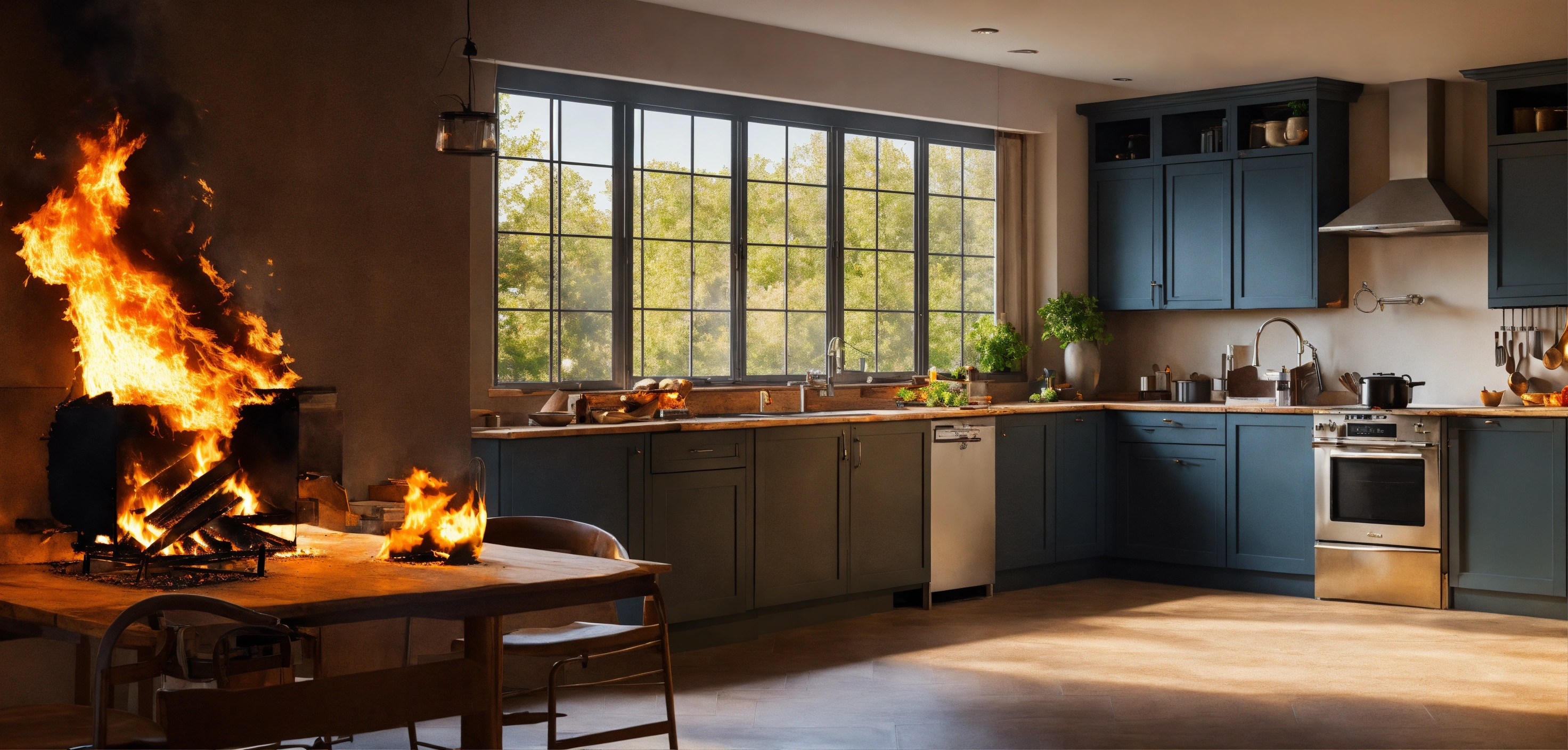 Lexica - Fire in the kitchen, residential fire, high quality photo ...