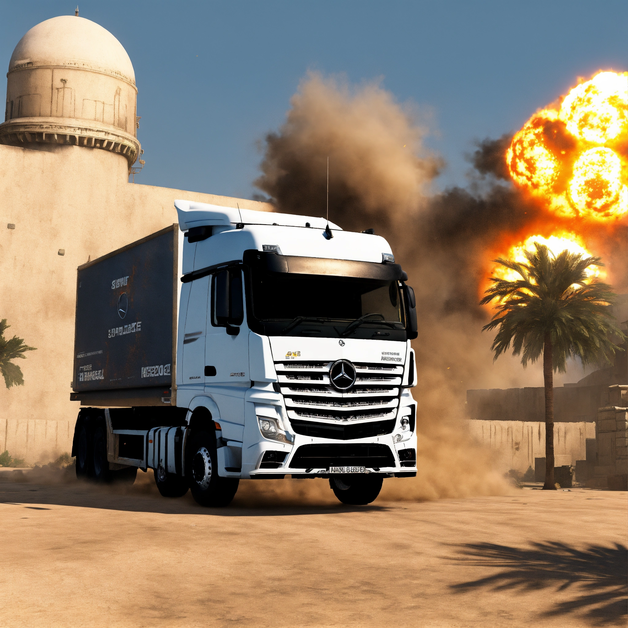Lexica - A front view of a white Mercedes actros truck in the counter ...
