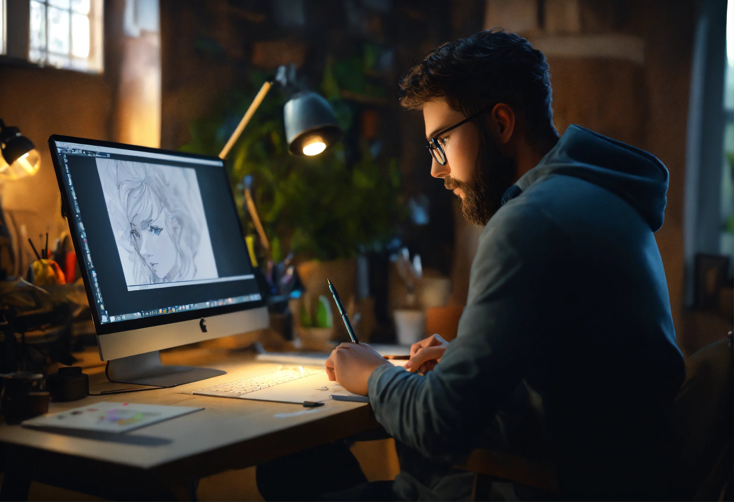 Lexica - A designer sits in his art studio at a computer and draws a ...
