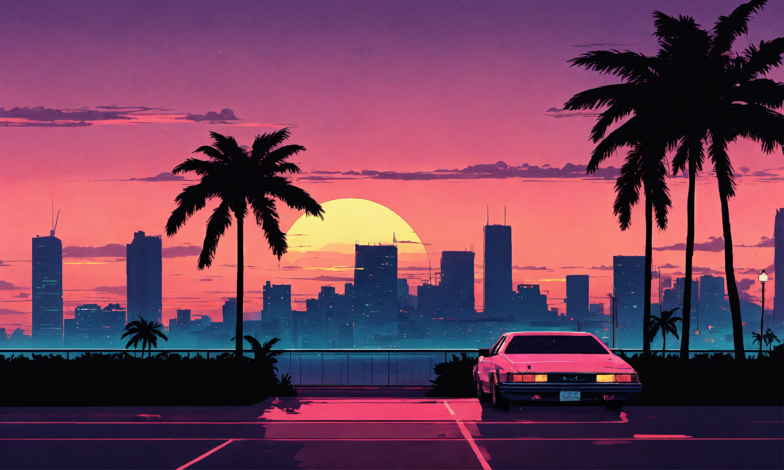 Lexica - Anime miami vice, lofi, sunset skyline, 2d, studio ghibli ...