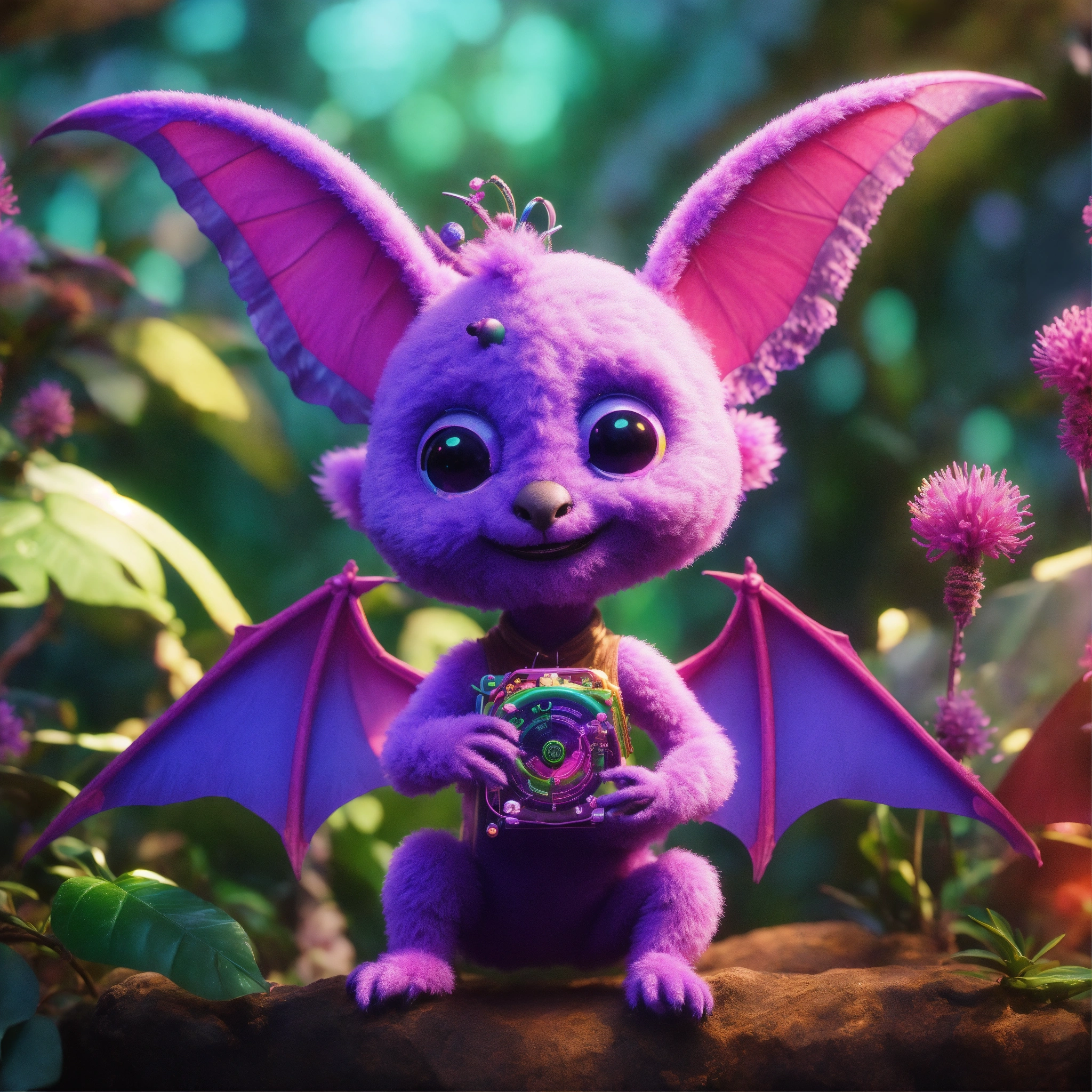Lexica - Cute fuzzy pink and purple alien fruitbat character with big ...