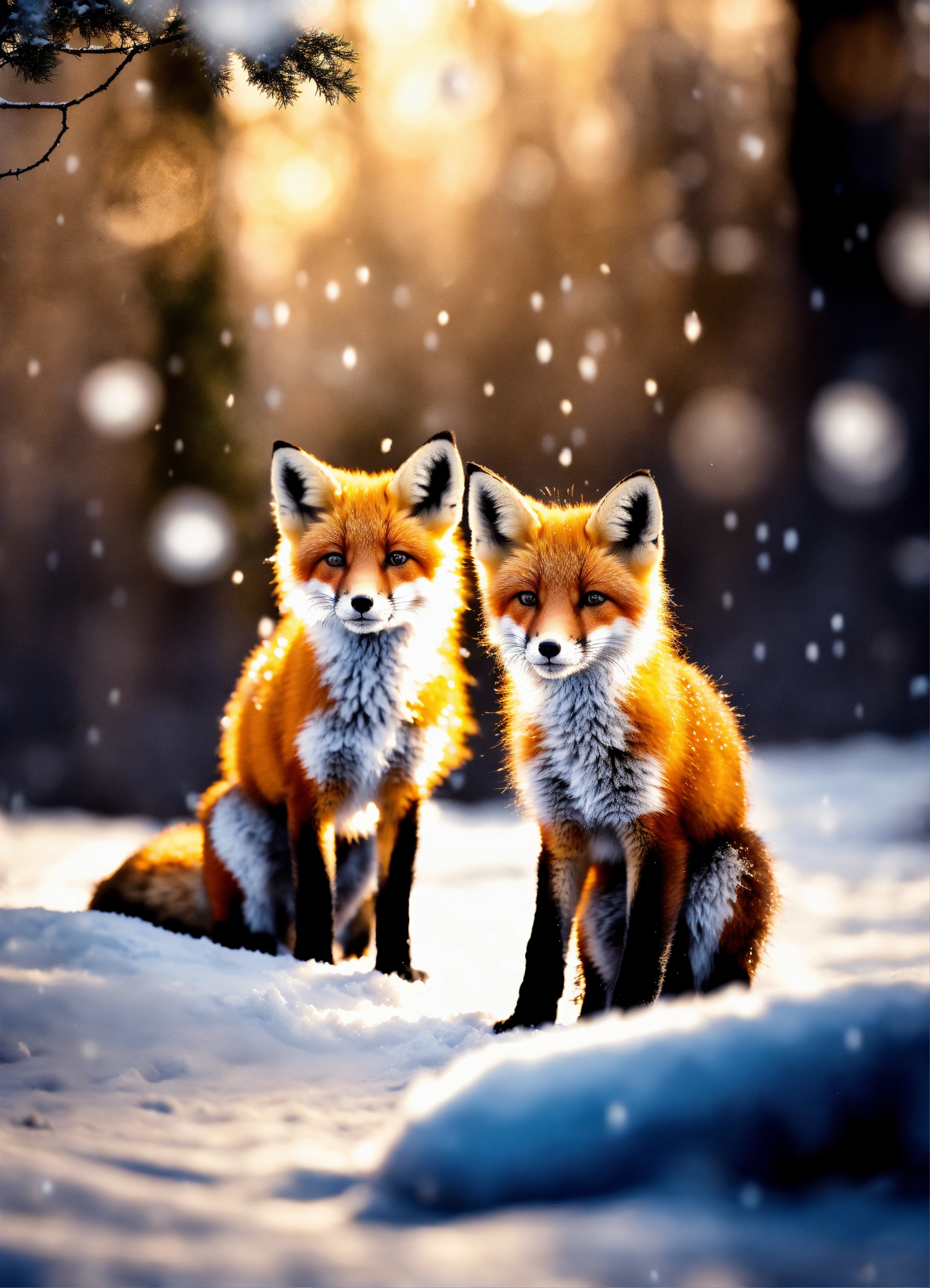 Lexica - Beautiful fox cubs playing in the snow in the moon light in a ...