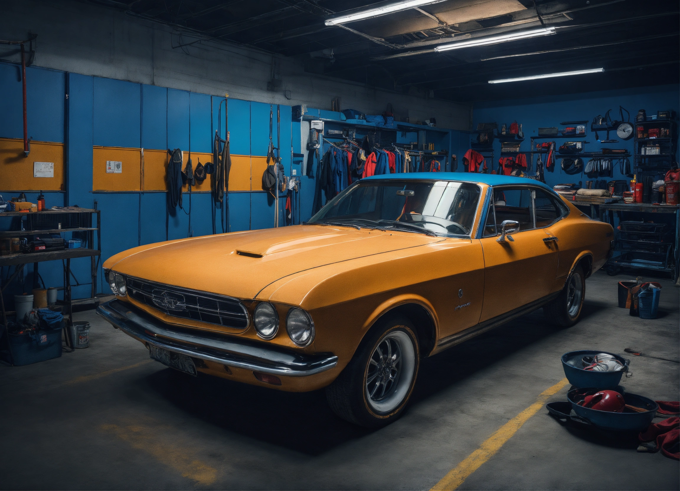 Lexica Fashion swimwear shooting in a commercial auto repair garage