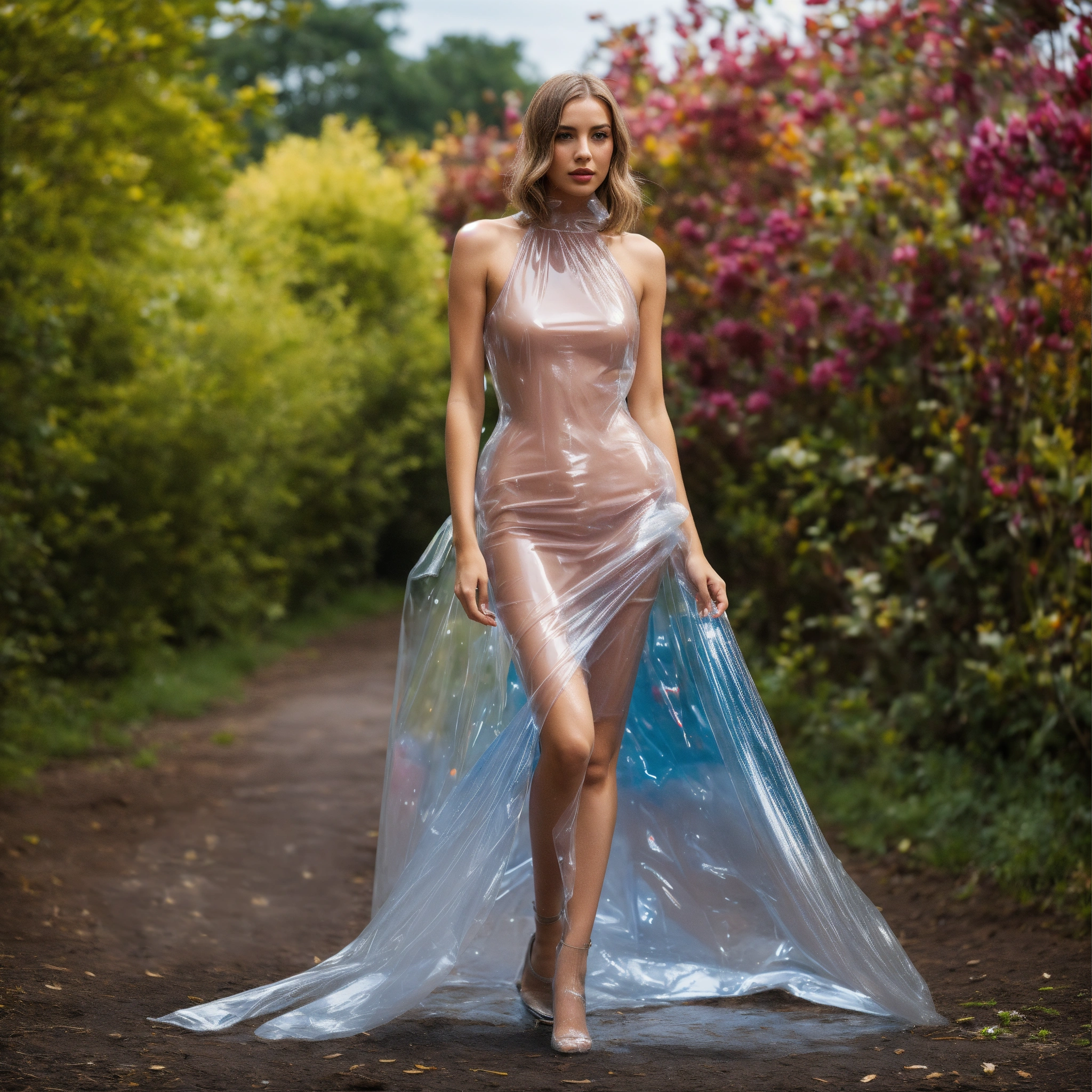 Lexica - Woman Covered in Plastic, Dress Made of Smooth Clear Plastic