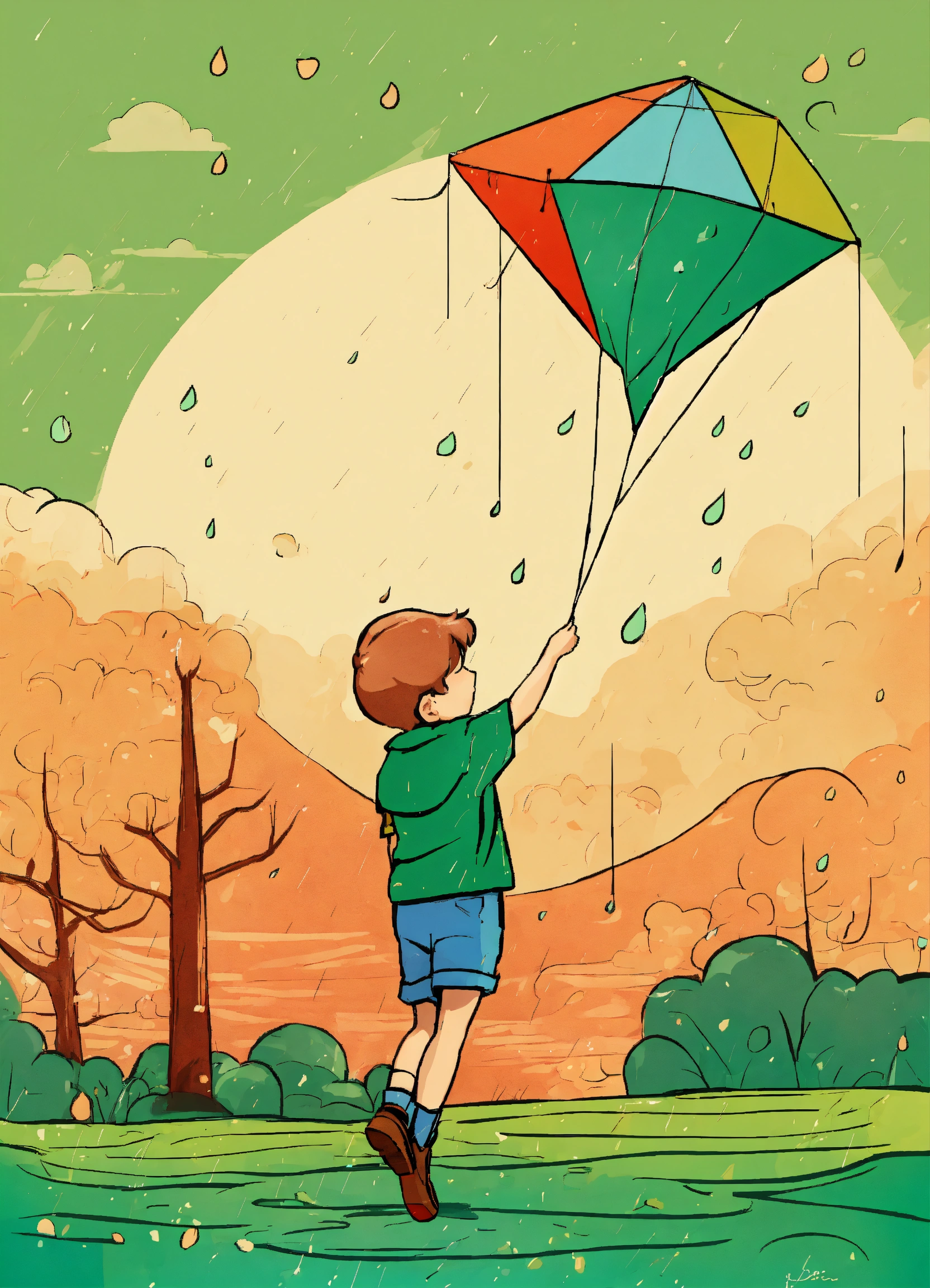 Lexica - Boy flying a kite in the rain cartoon green