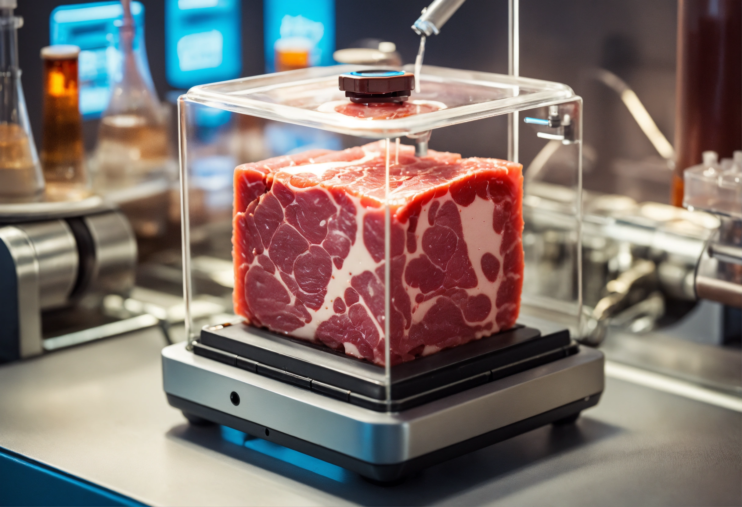 Lexica - Small cube of artificial meat in a futuristic scientific ...