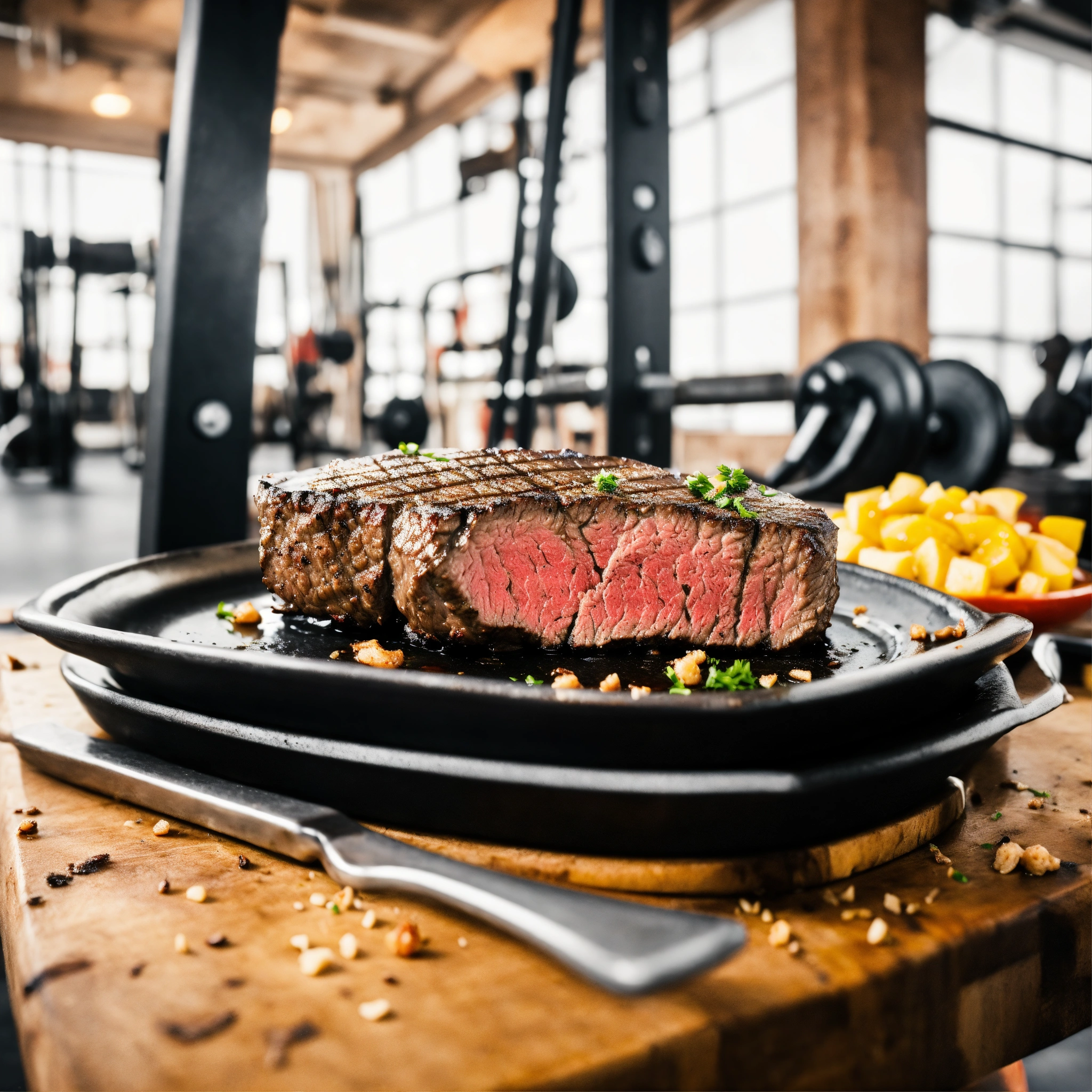 Lexica - A PLATE OF STEAK AND A SQUAT RACK IN BACK BACKGROUND WHITE