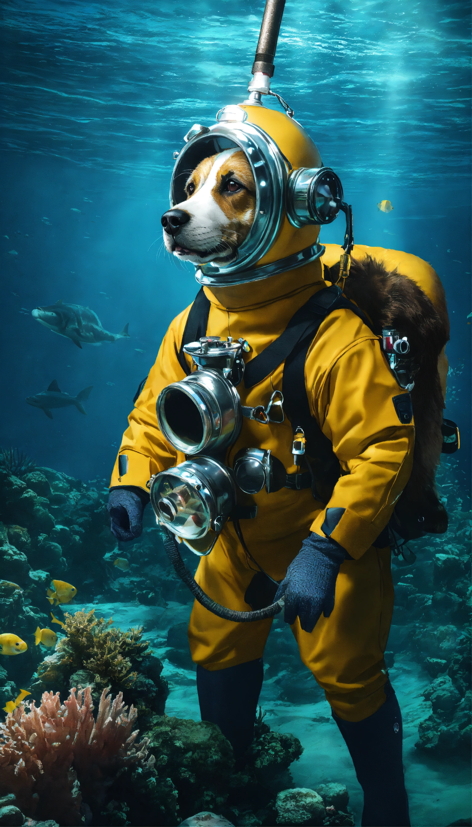 Lexica - Create an image of a dog pedaling through the ocean depths in ...