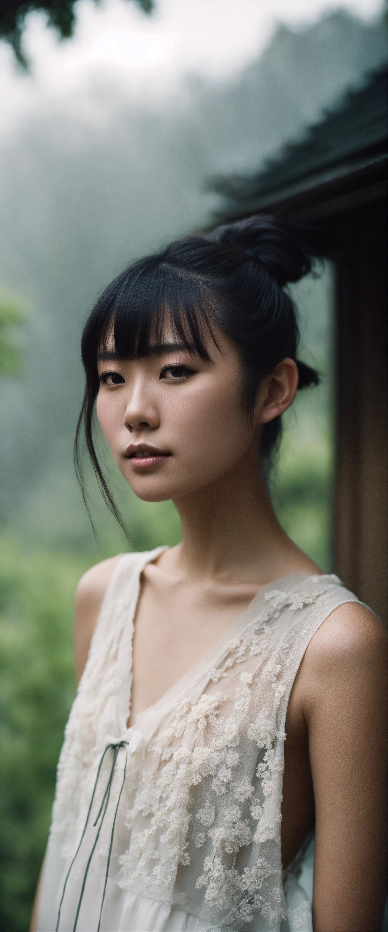 Lexica - Portrait of a beautiful gorgeous Japanese young woman with a  ponytail with bangs, wearing a sleeveless blouse and a short, ethereal  dreamy f...