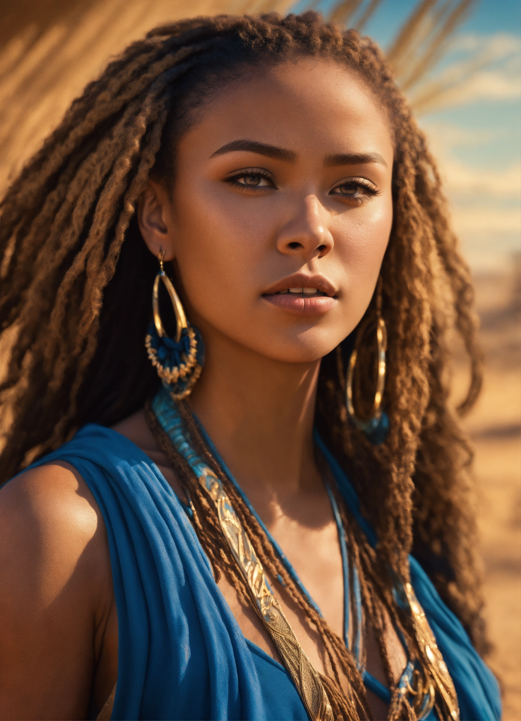 Lexica - Portrait of light skin woman, age 20, blue wrap dress, locs ...