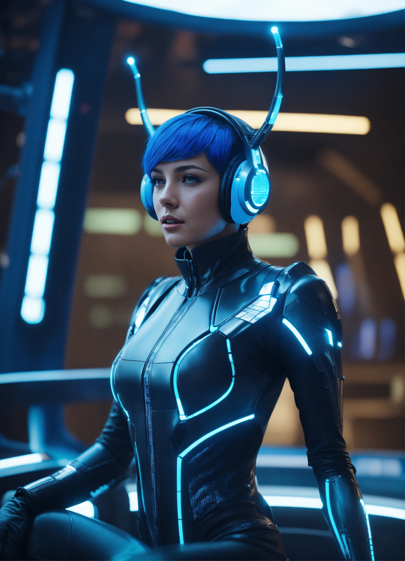 Lexica - Zoom out of a beautiful girl with short blue hair wearing a ...
