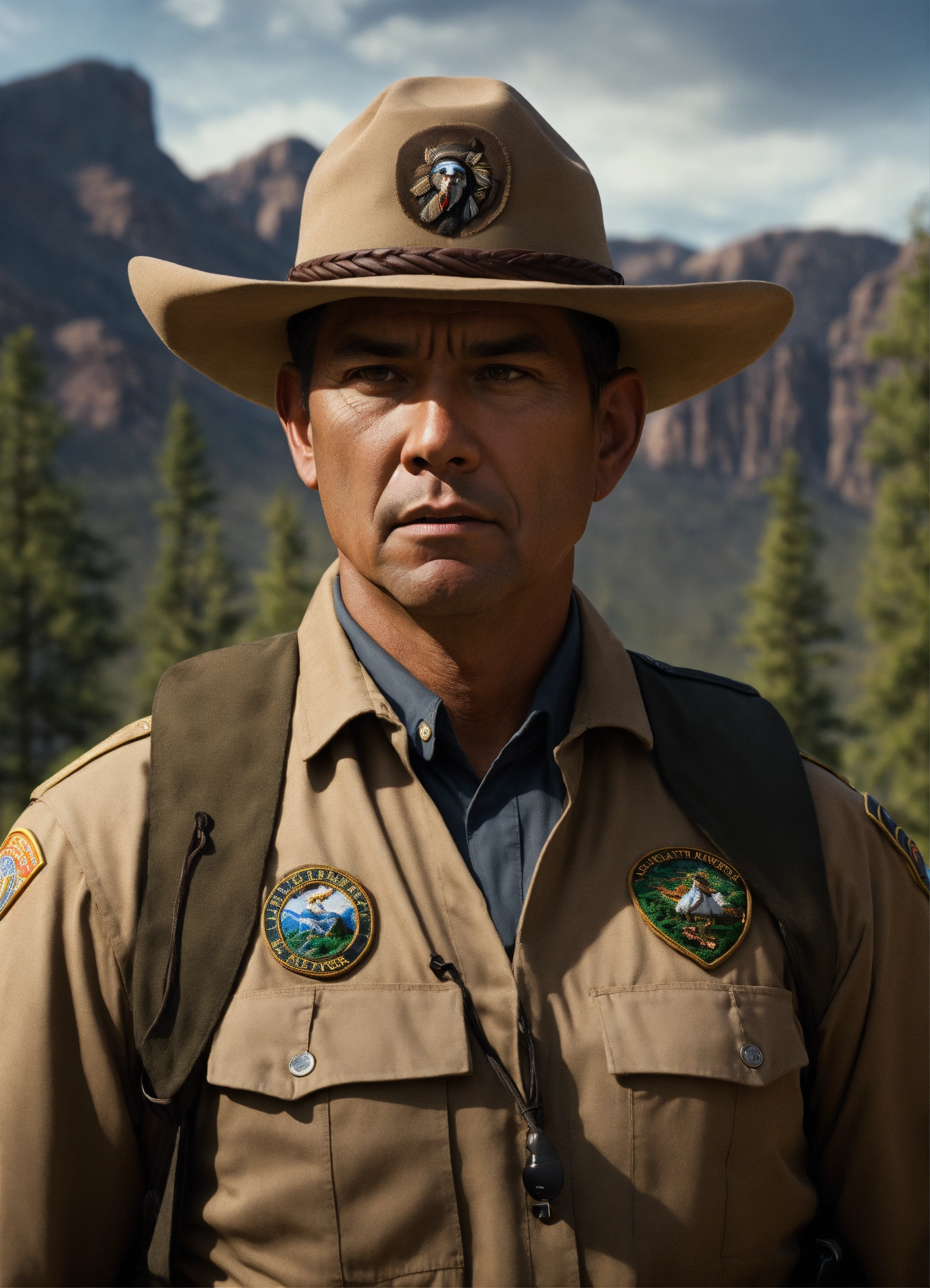 Lexica - Portrait of an native american park ranger man scared ...