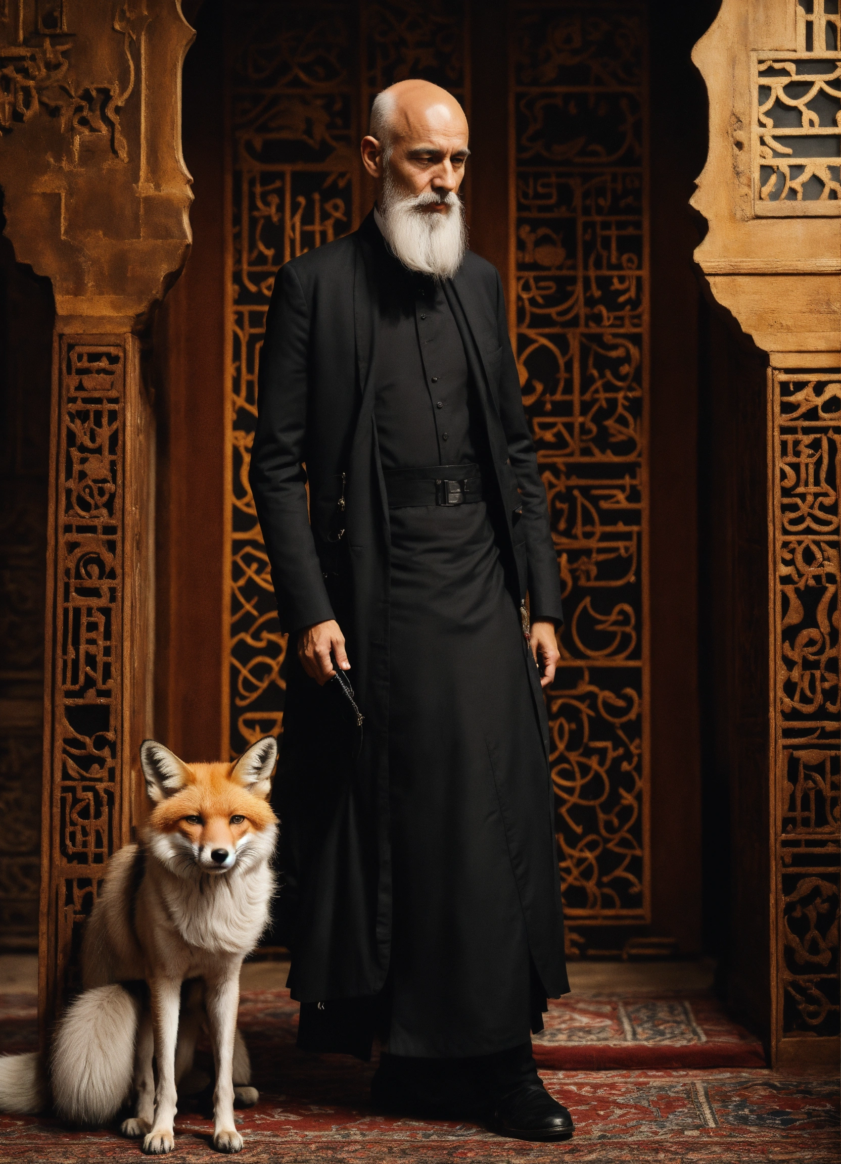 Lexica - Old, skinny man, with white hair, little bald, wearing black suit,  arabic race,smelling the fox