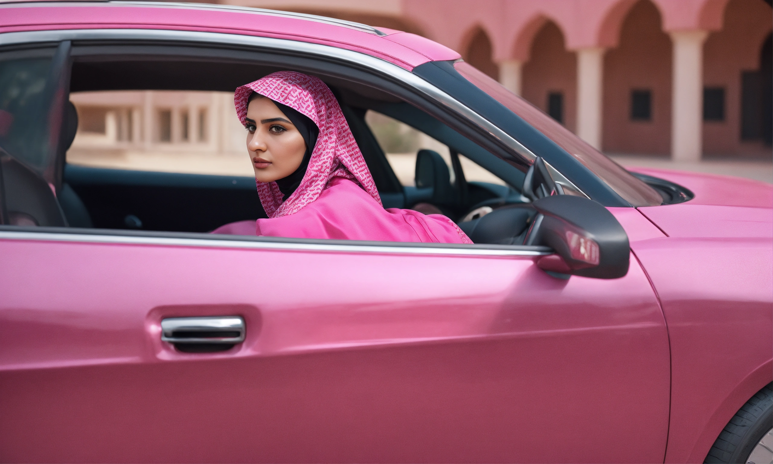 Lexica - Saudi woman, driver, in pink car, photo-realistic, 8K, high ...