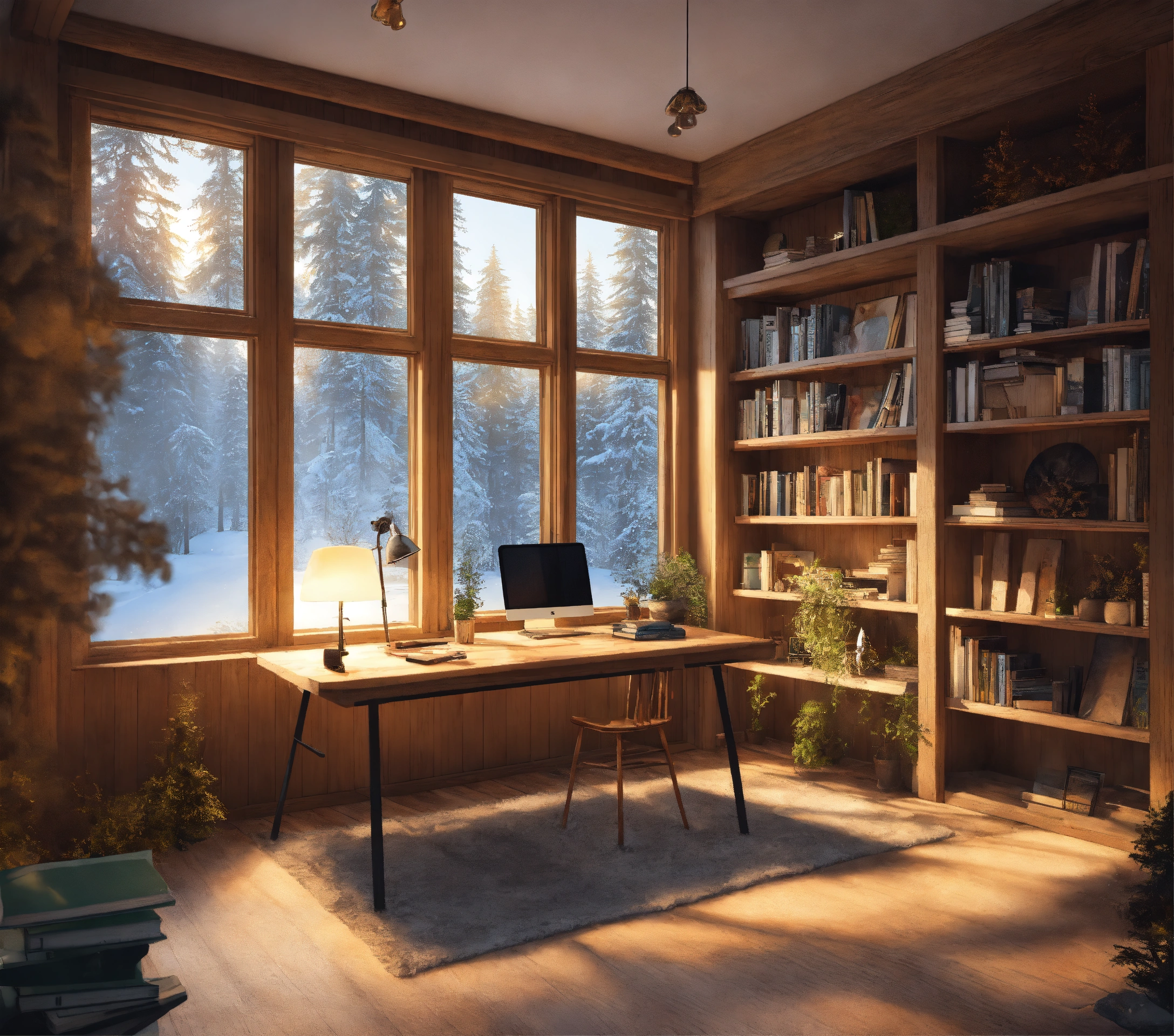 Lexica - Nordic forrest house, wooden study room, window centered in ...