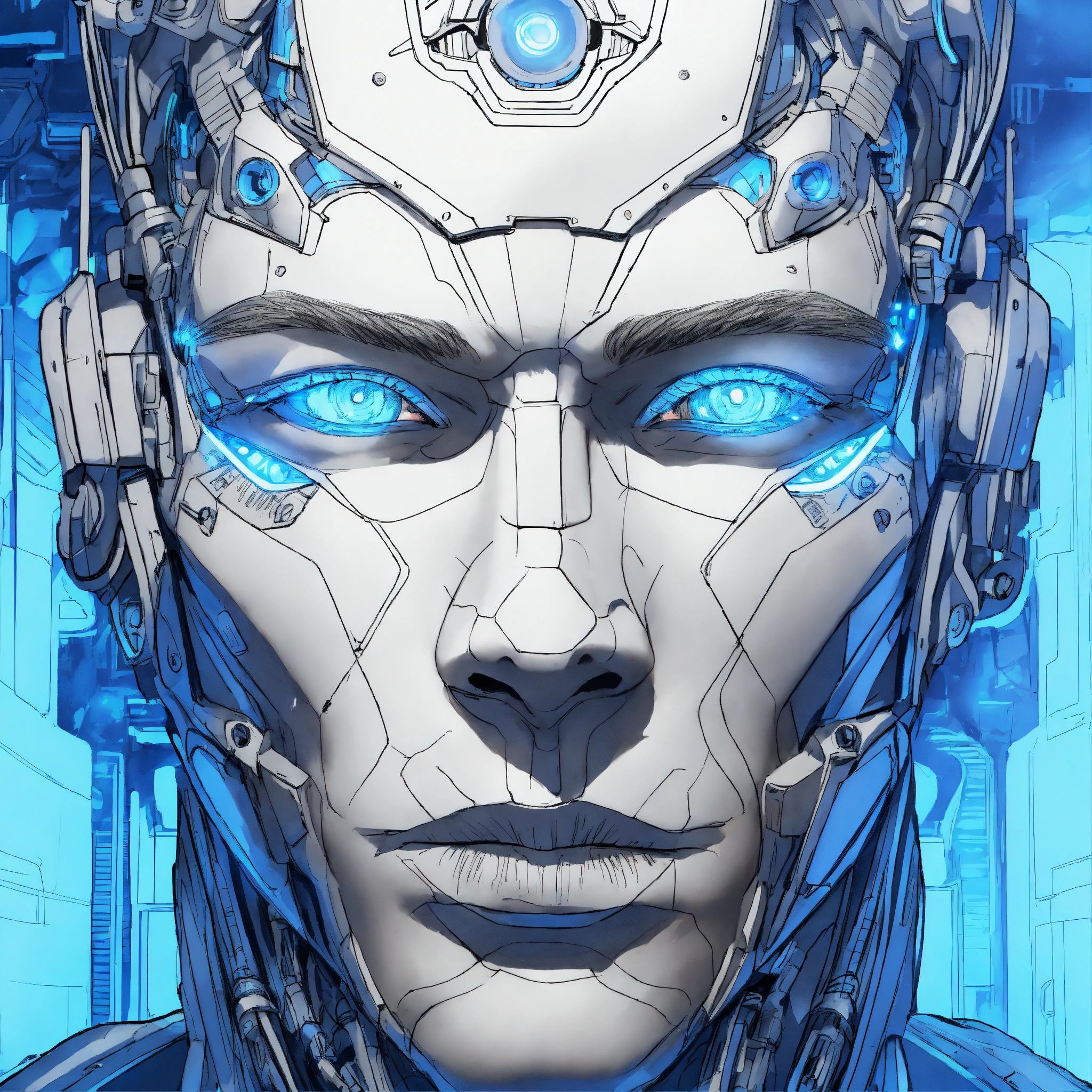 Lexica - Front profile, line drawing, enchanted male cyborg, close up ...