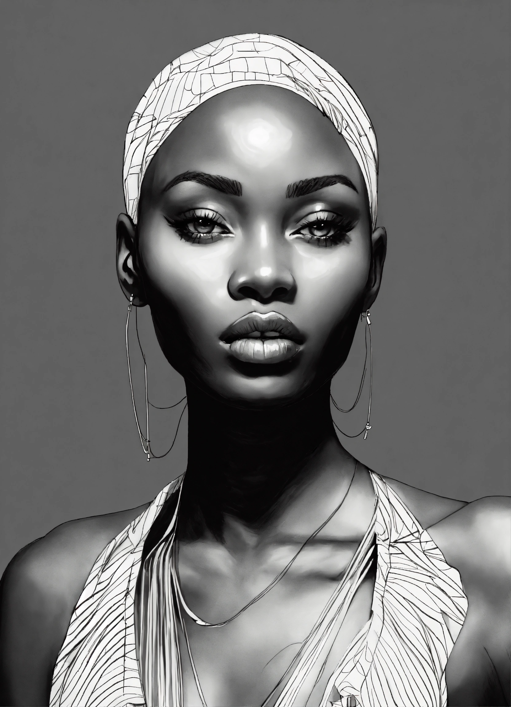 Lexica Black and white line drawing, white background, upper body