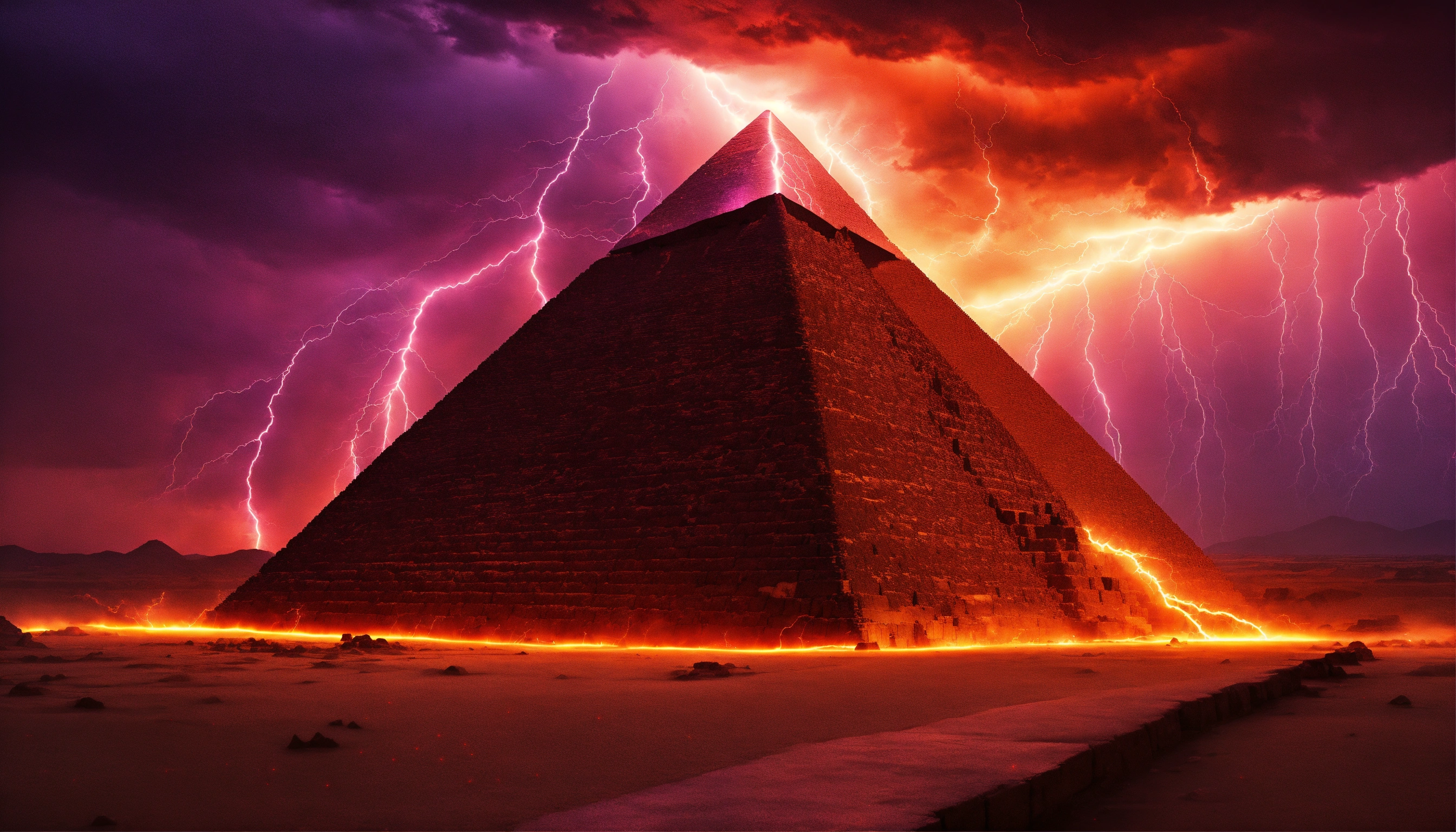 Lexica - A pyramid struck by lightning, purple and orange and red skies ...