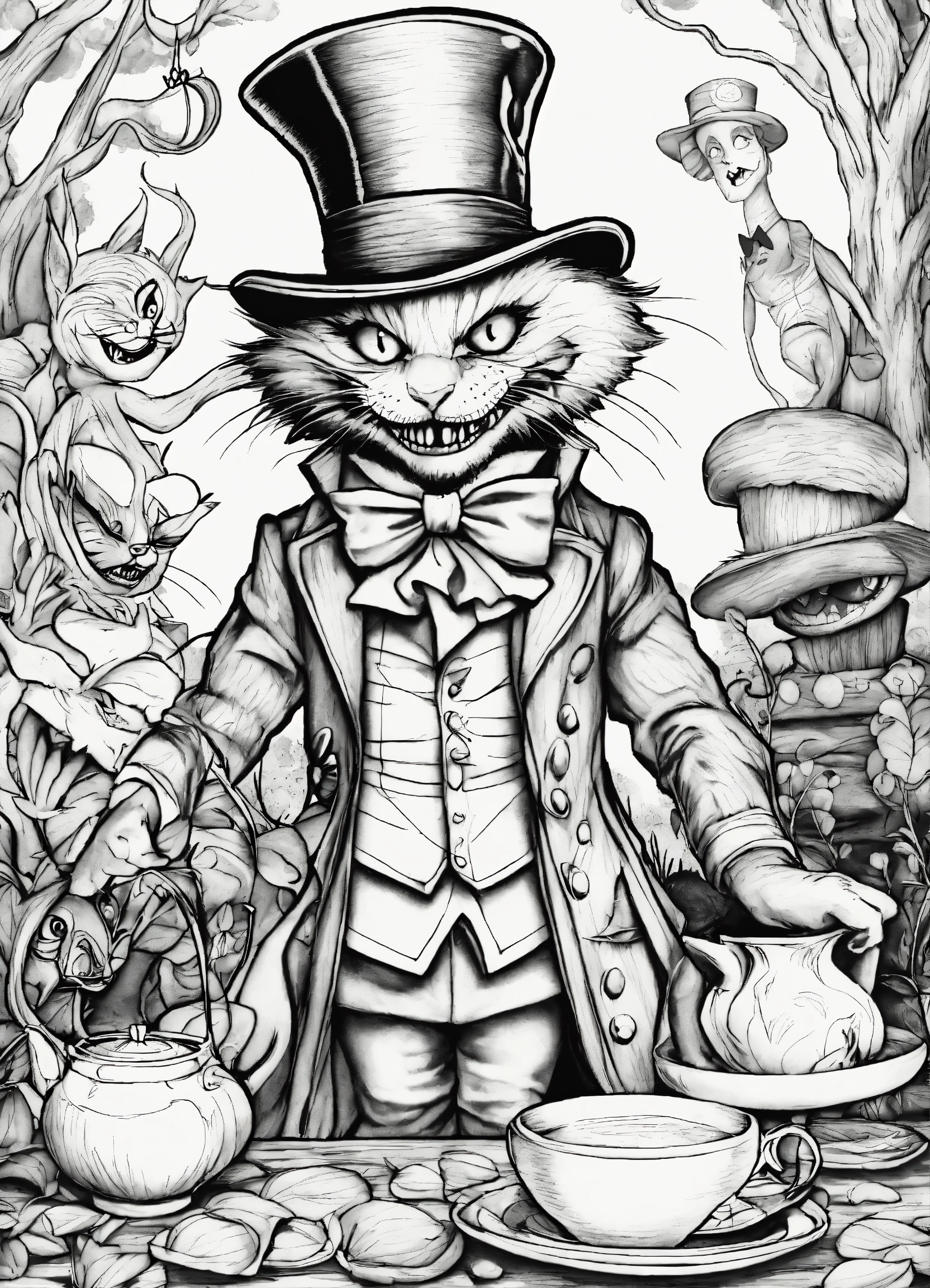Lexica - SCARY COLORING BOOK, SINISTER ALICE IN WONDERLAND WITH MAD HATTER  AND CHESHIRE CAT, image size:1664x2304