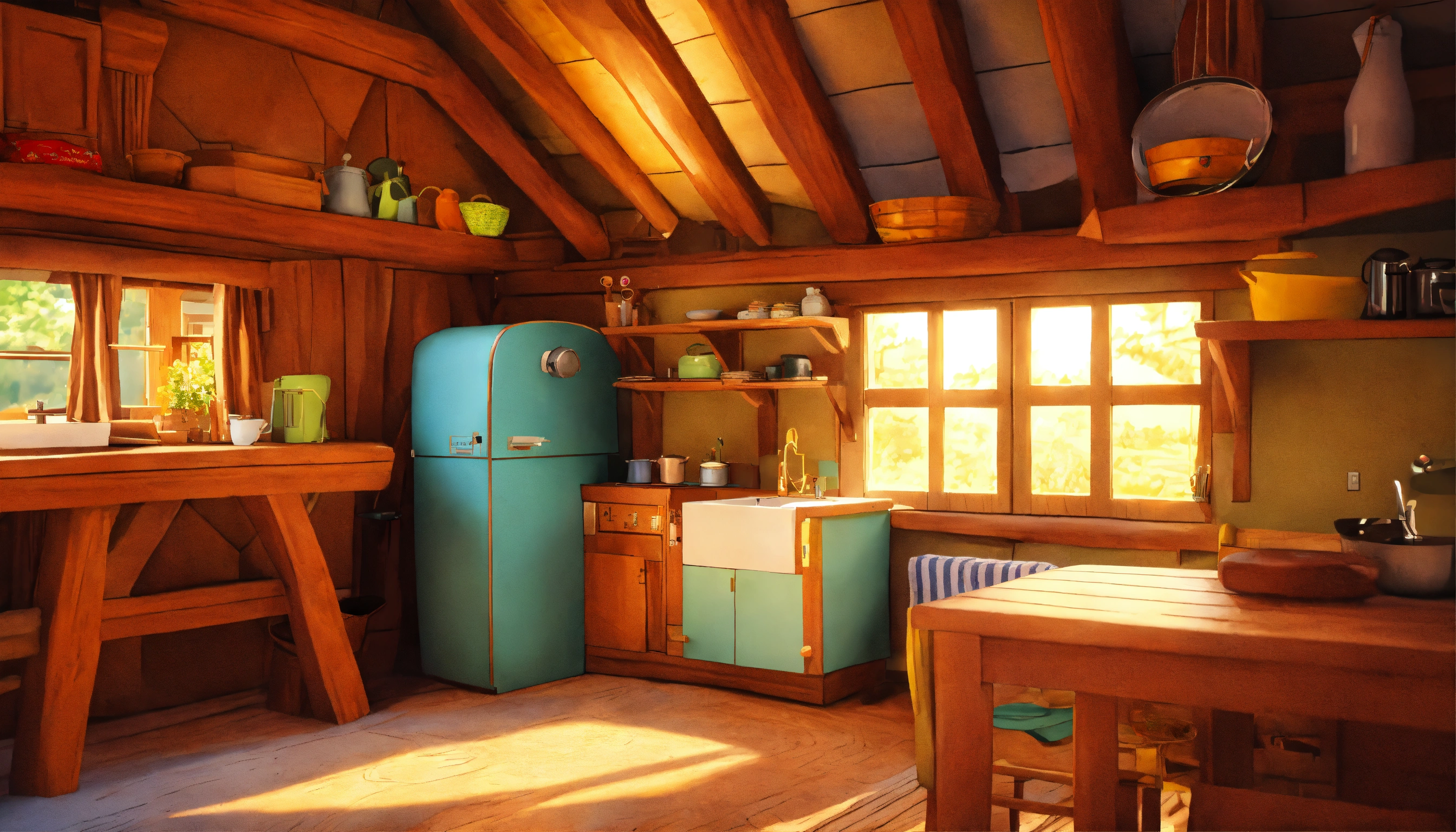 Lexica - A cartoon-style kitchen and bedroom in the hut
