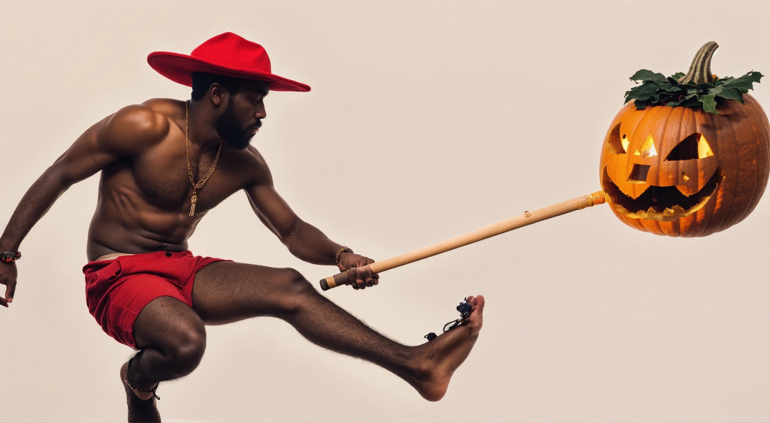 Lexica - A black man, wearing a red hat, without tshirt, with one leg ...