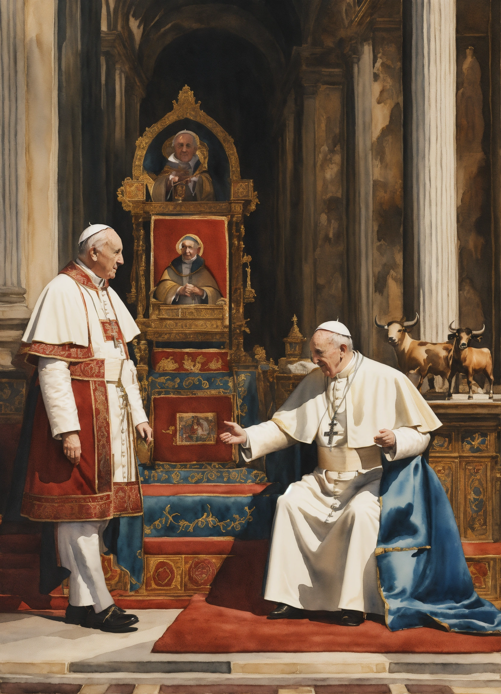 Lexica - Watercolor, a pope next to a bull who blesses two people
