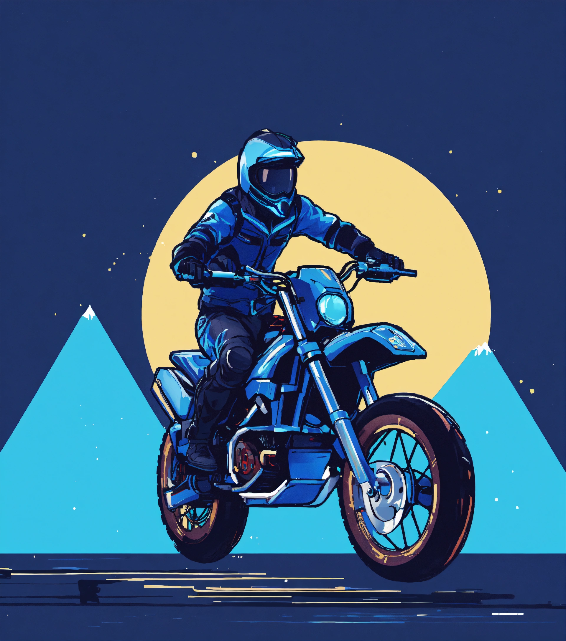 Lexica - 2d game, heavy bike, jump stunt, guy riding,icon, blue background