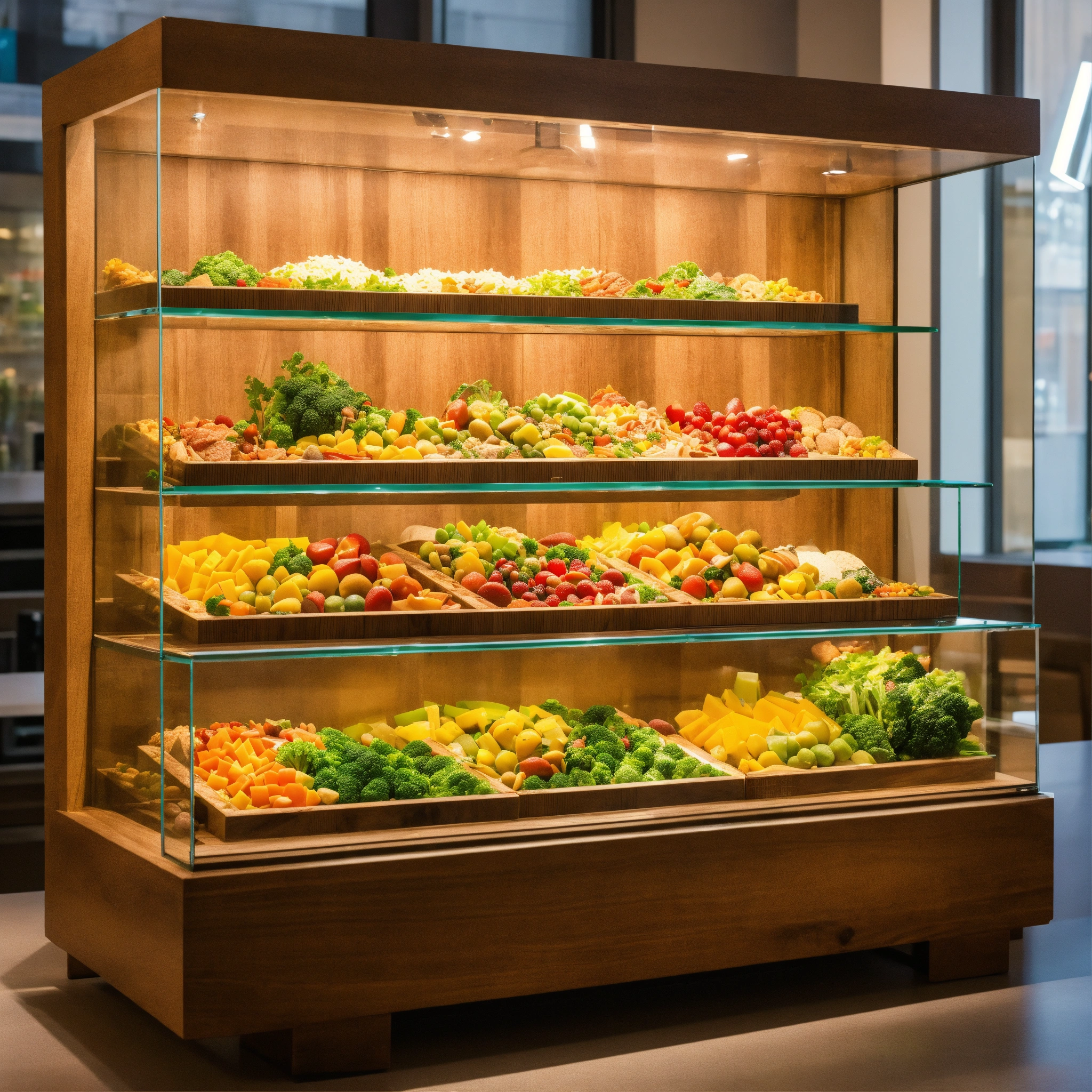 Lexica - A photo of a food display case. The case is made of glass and ...