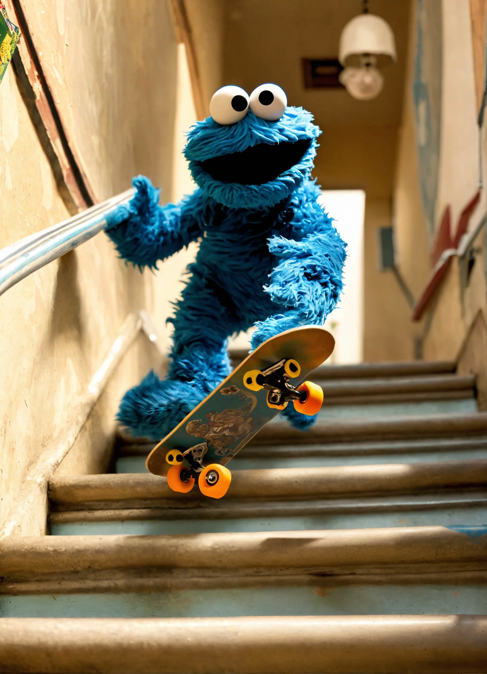 Lexica - Cookie monster doing a skateboard air trick down a staircase