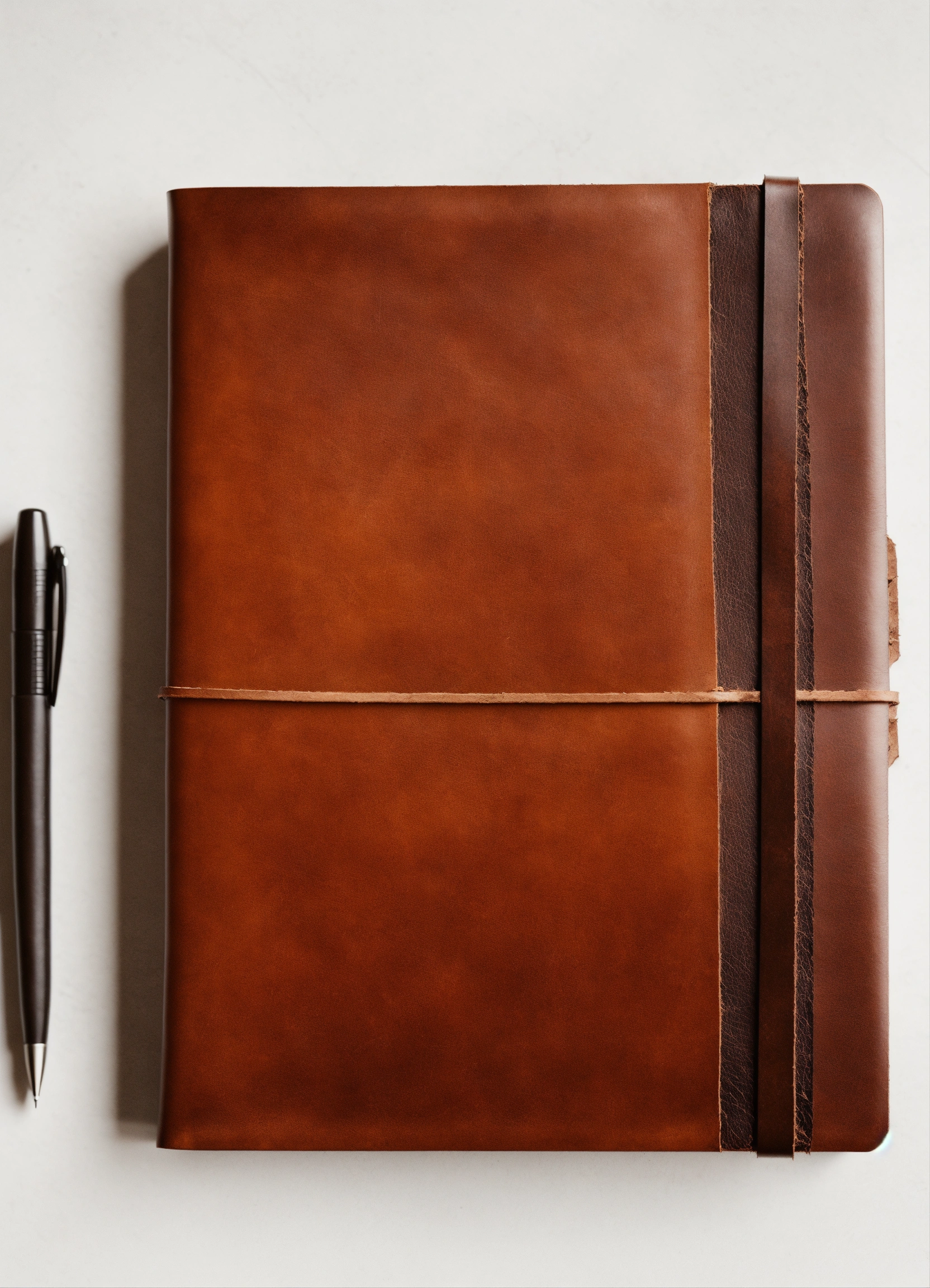 Lexica - Leather notebook with pen lying on a table, top view ...