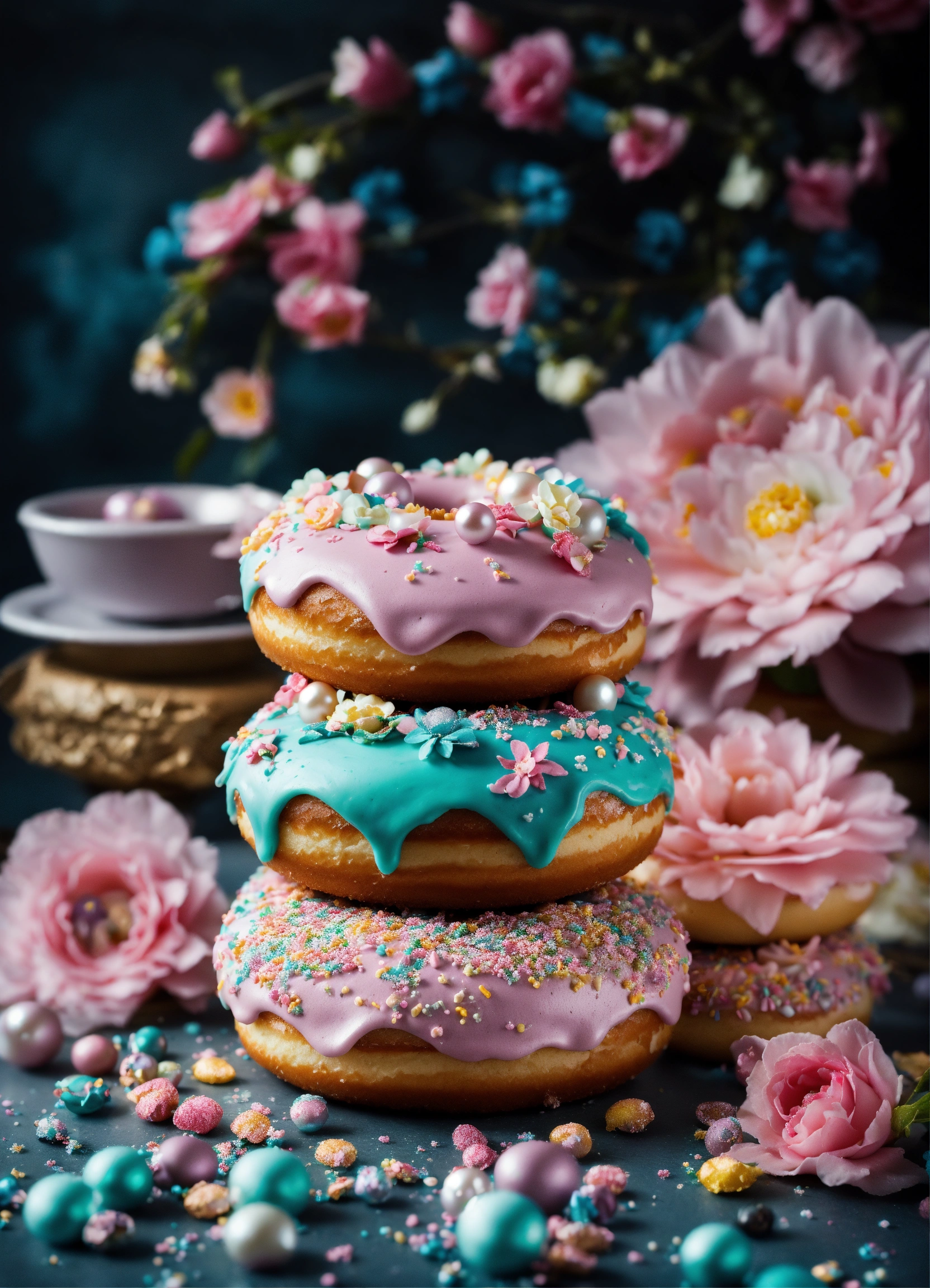 Lexica - Whimsical heavily decorated pile donuts in pastell colors with ...