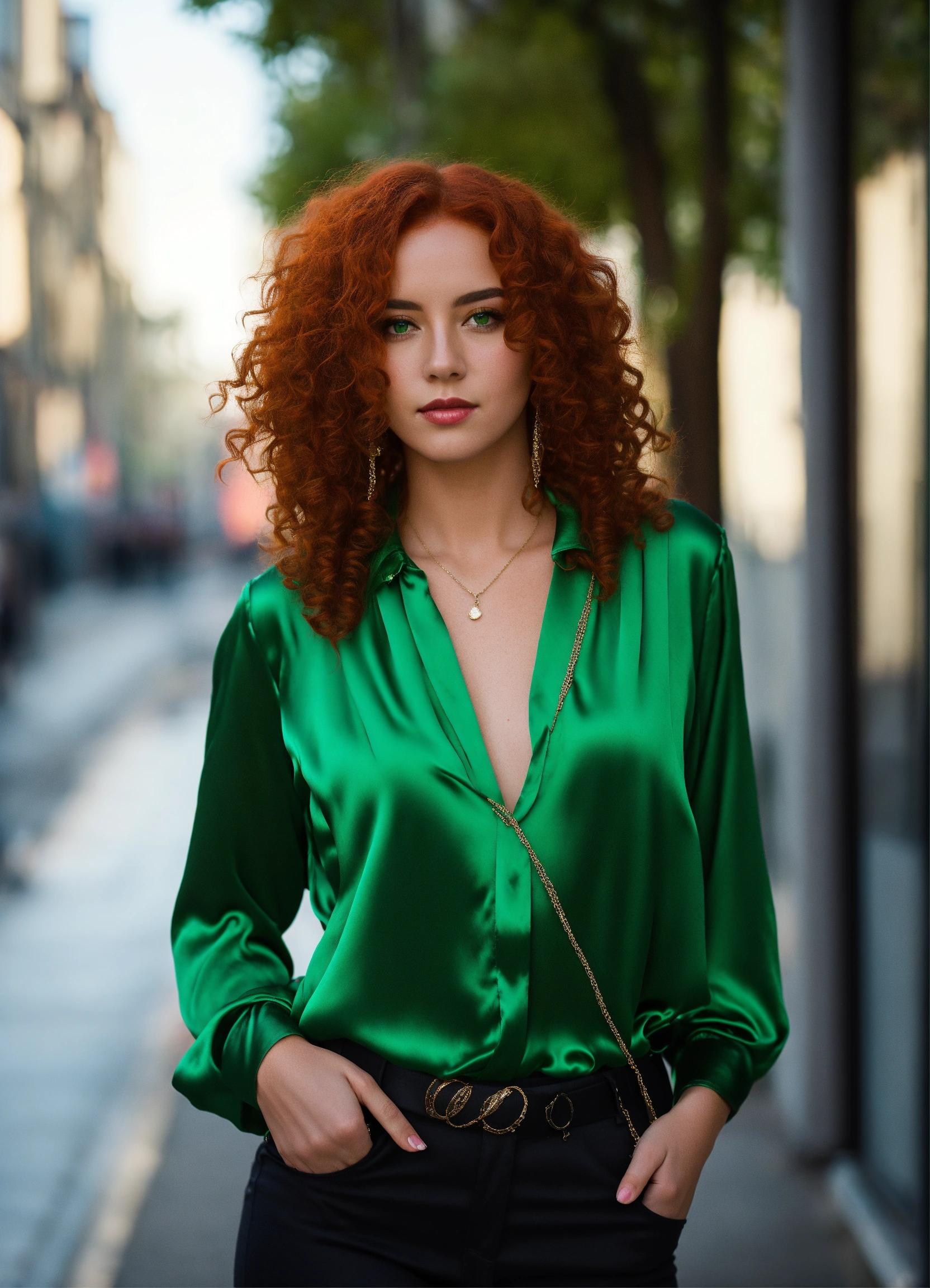 Lexica - Woman with red curly hair and green eyes, wearing a green shiny  satin blouse, street scene, full body shot, photographic shot with canon  eos...