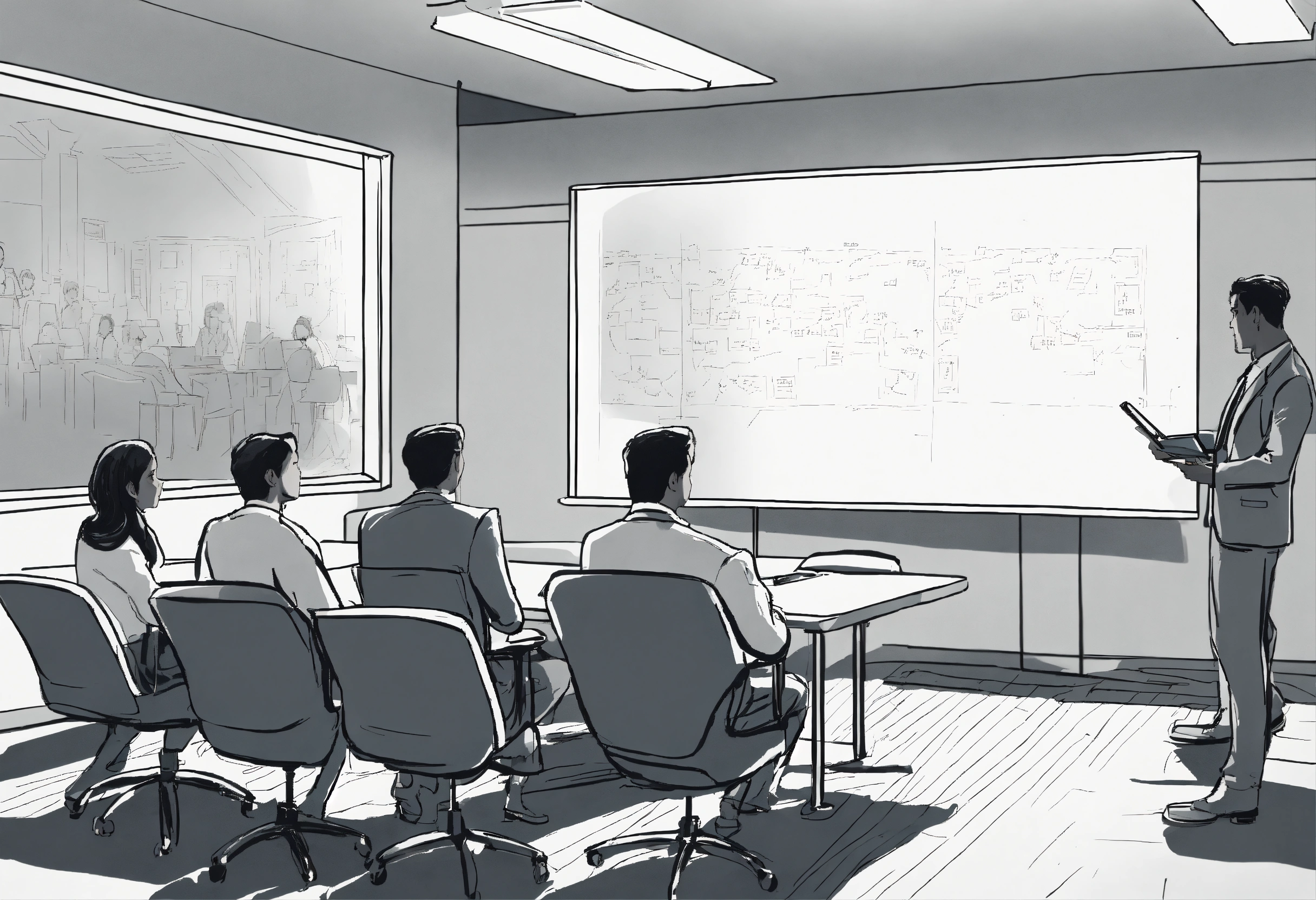 Lexica - Detailed line drawing of a conference room with three people ...