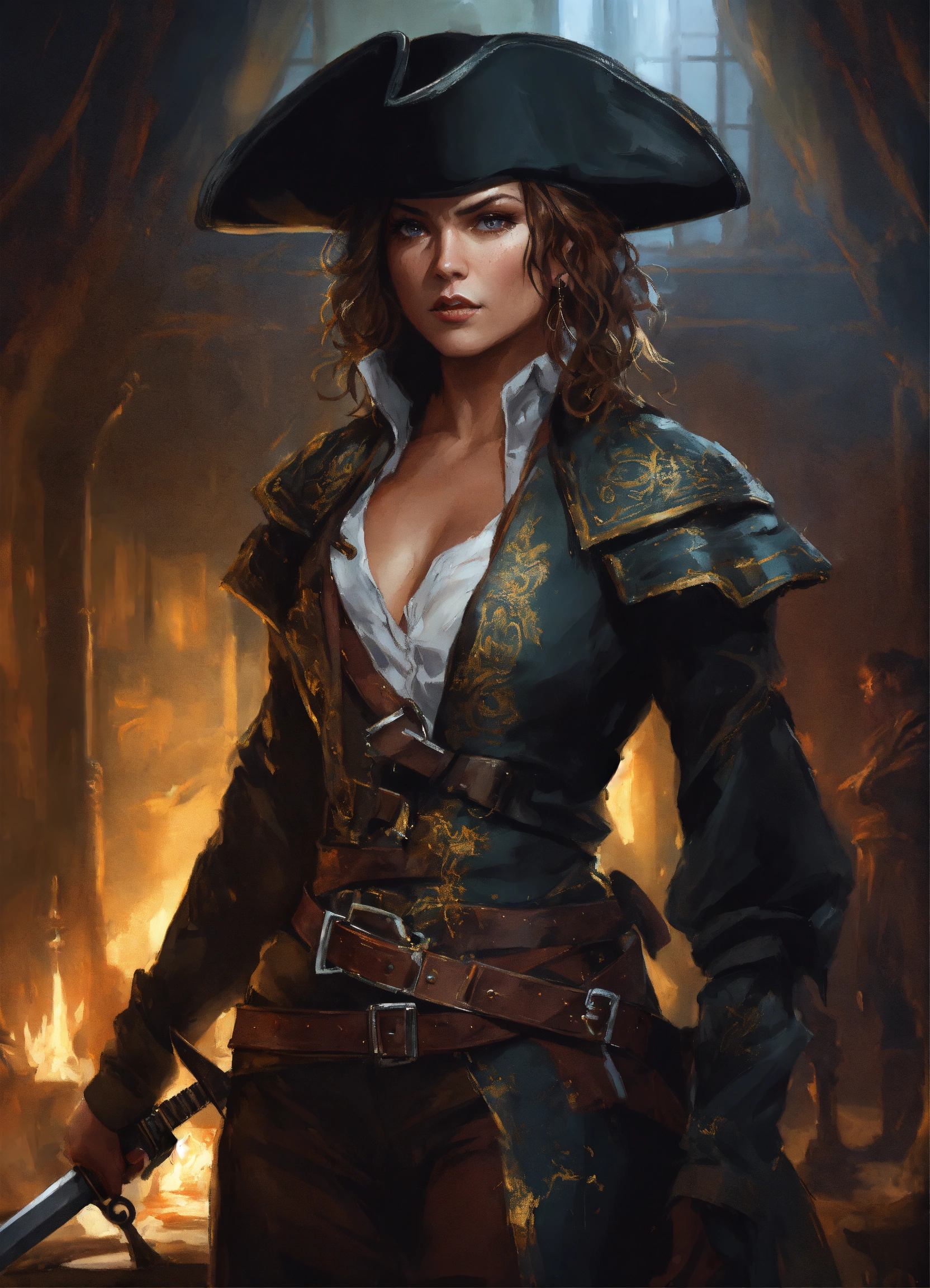 Lexica - 3/4 body shot, digital painting, Dina Meyer as a Defiant and  dangerous female musketeer swordsman dirty messy storage Room interior,  black s...