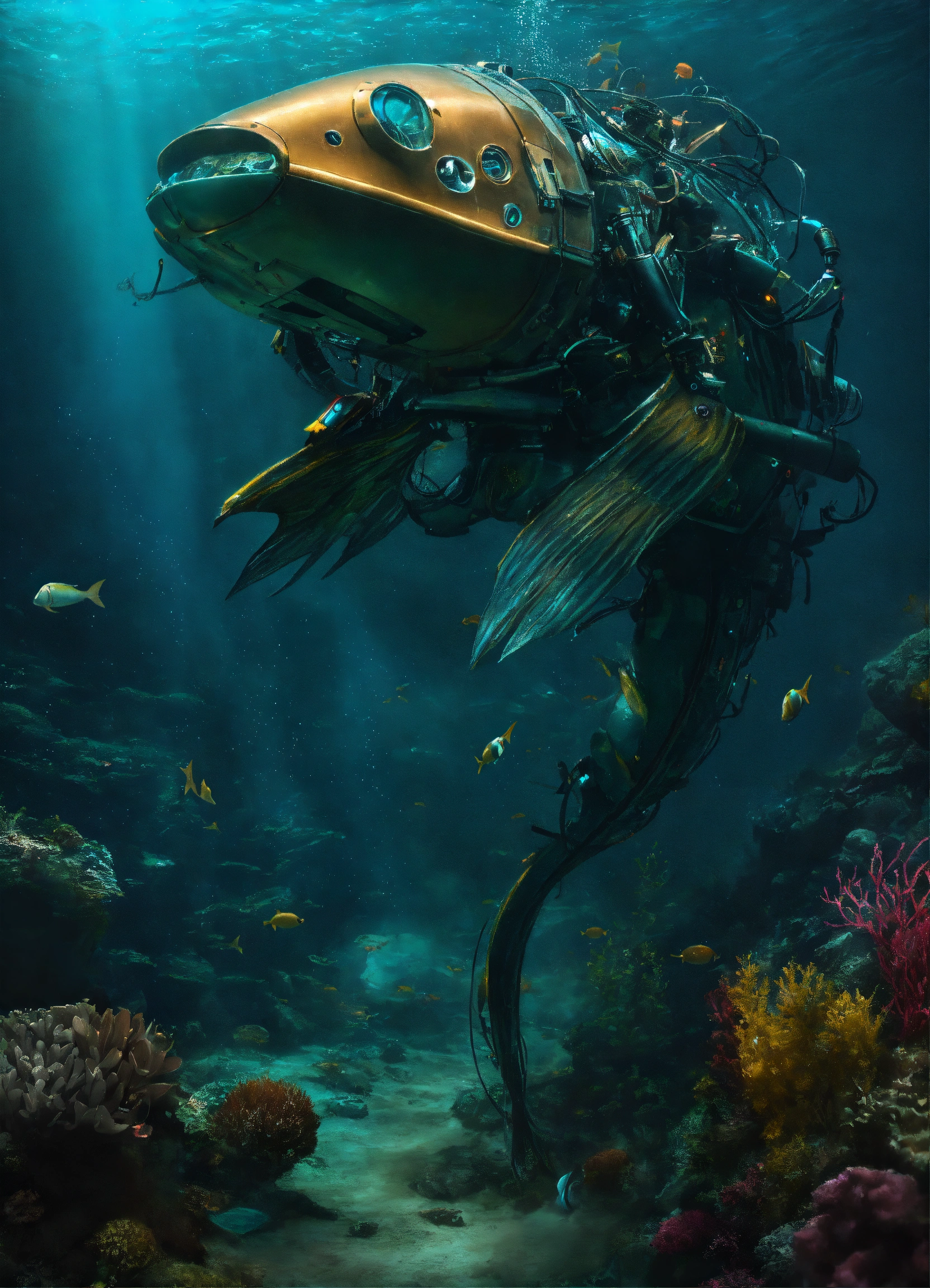 Lexica - A robot mermaid in the bottom of the sea, dark light , whit a ...