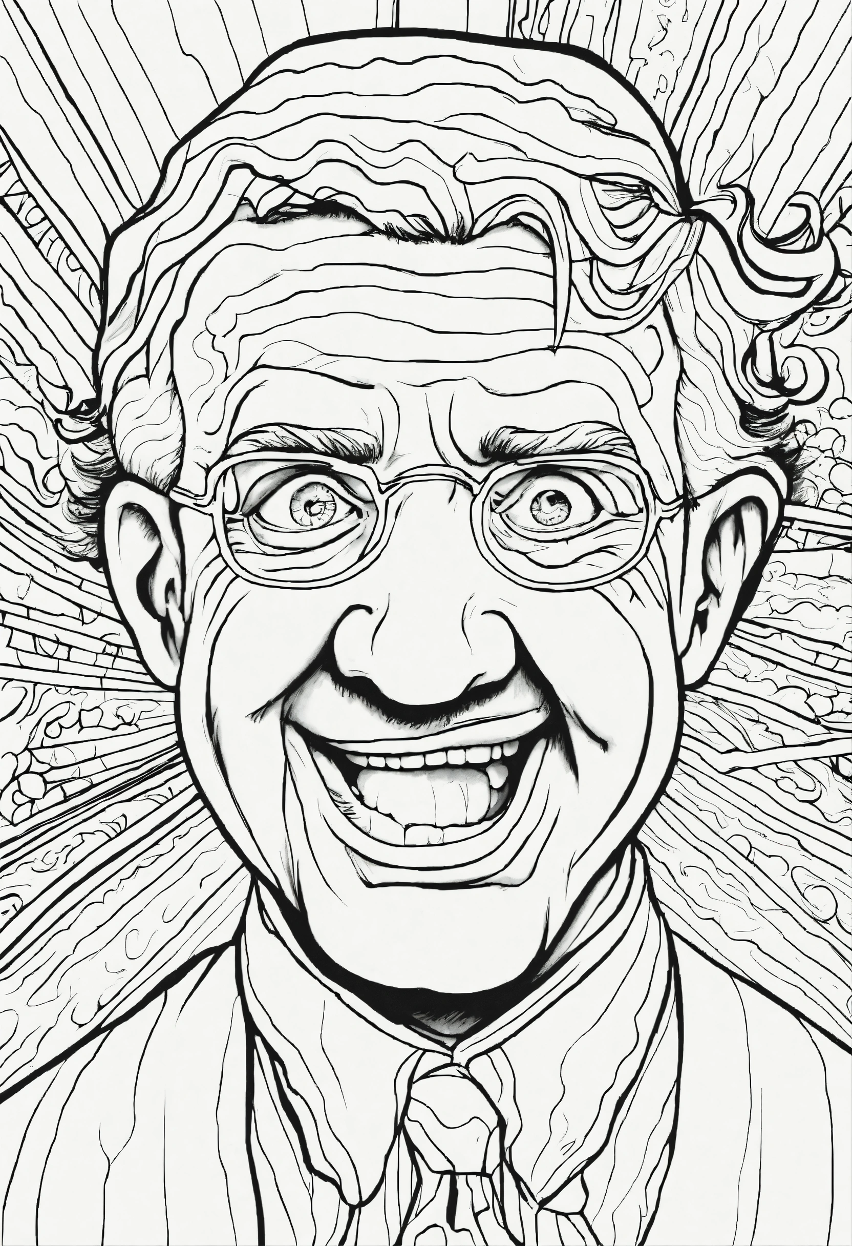 Lexica - Coloring page for adults, wavy lines, MAD Magazine Character idiot  face, black and white, cartoon, white background, image size:1664x2432