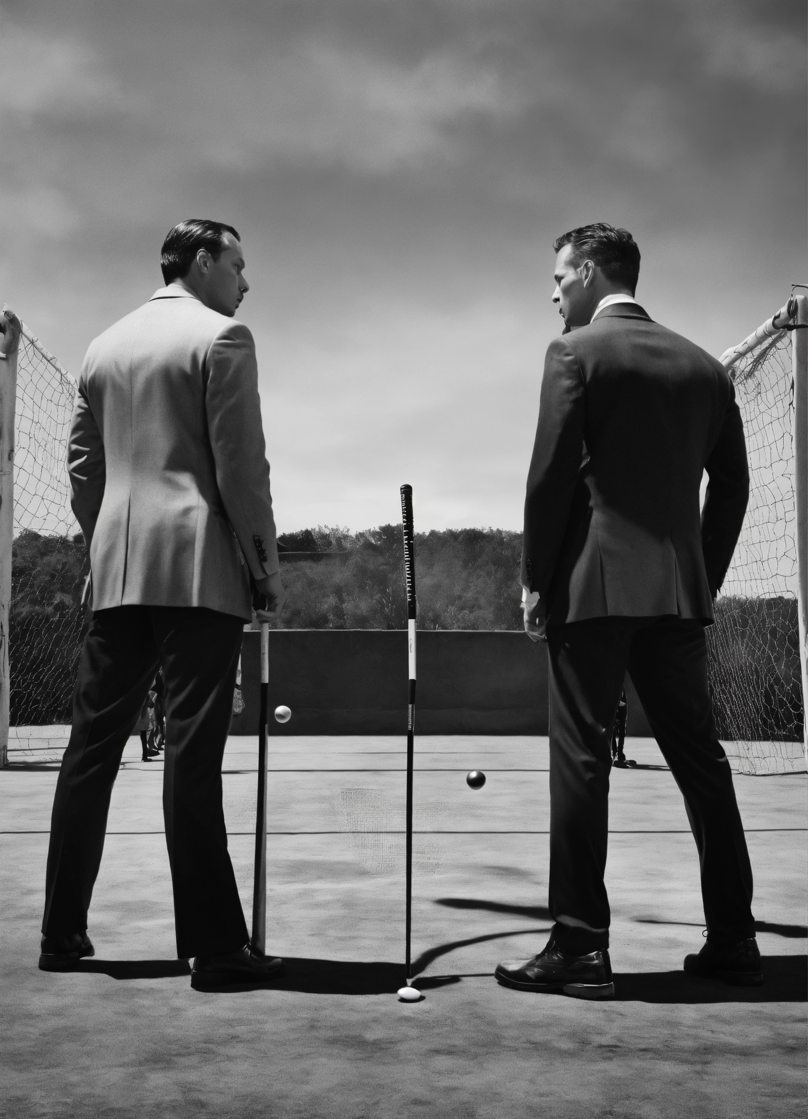 Lexica - A black and white illustration 2 men having a faceoff