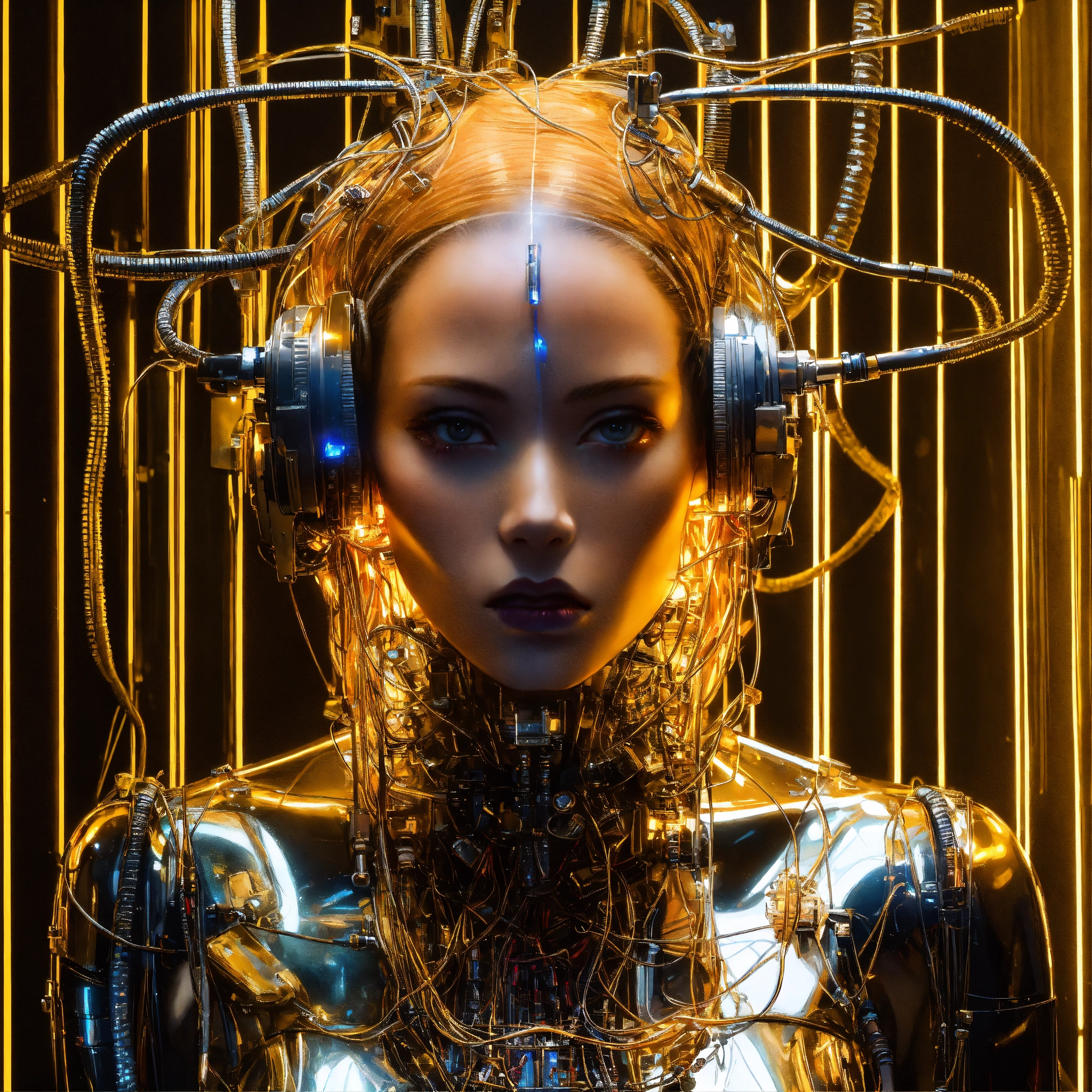Lexica - Portrait Photography, in front of a black wall, a cyborg woman ...