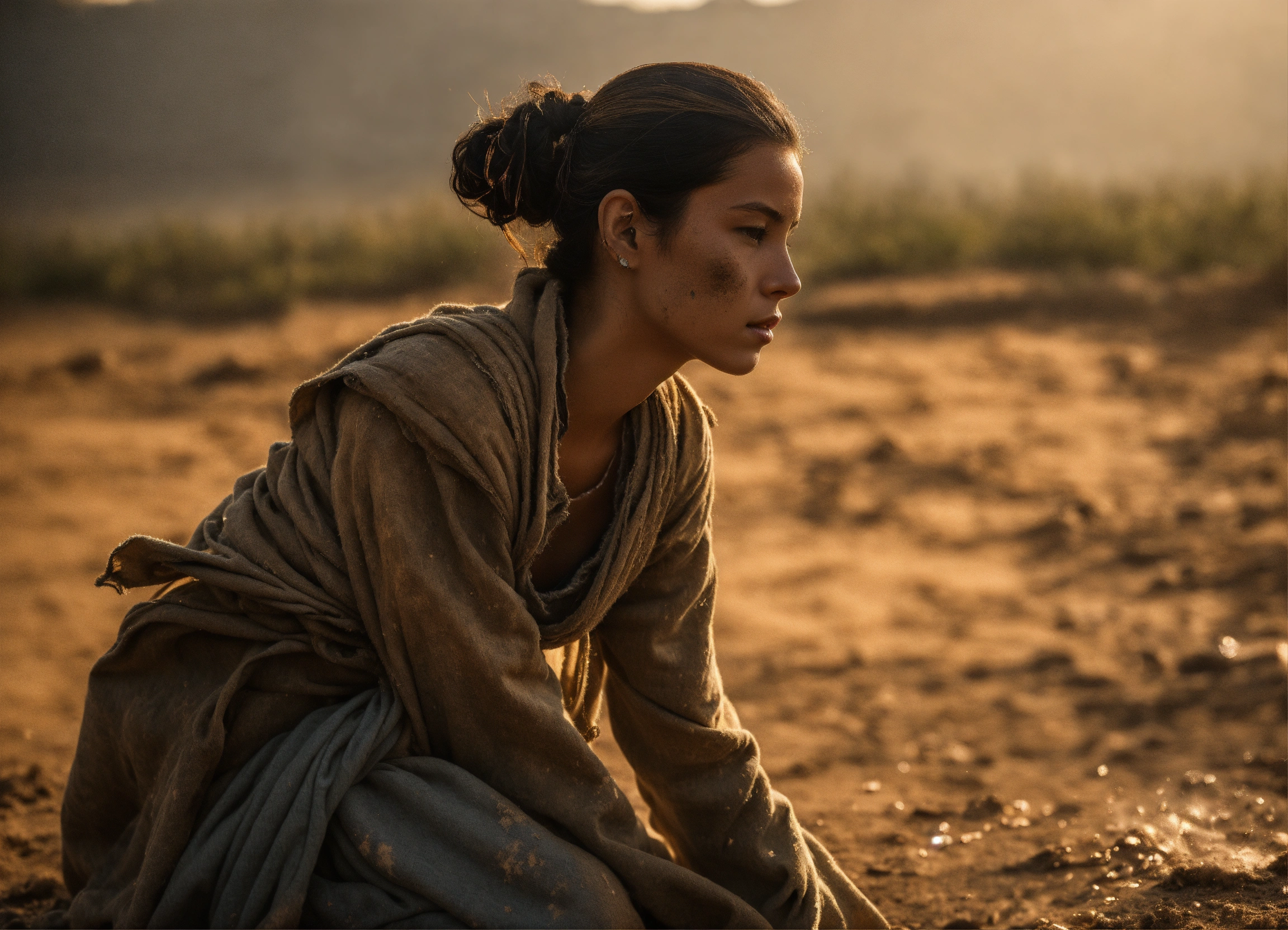Lexica A female on her hands and knees, covered in dust and clothed