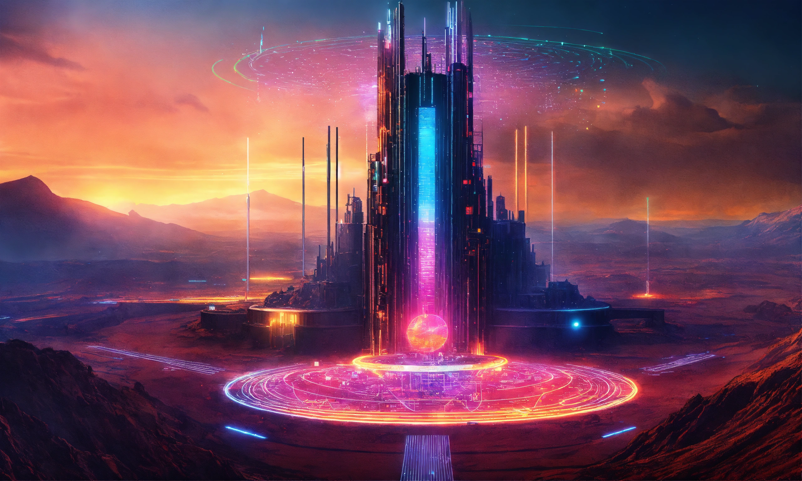 Lexica Futuristic Tower of Sauron fortress with digital circuit lines