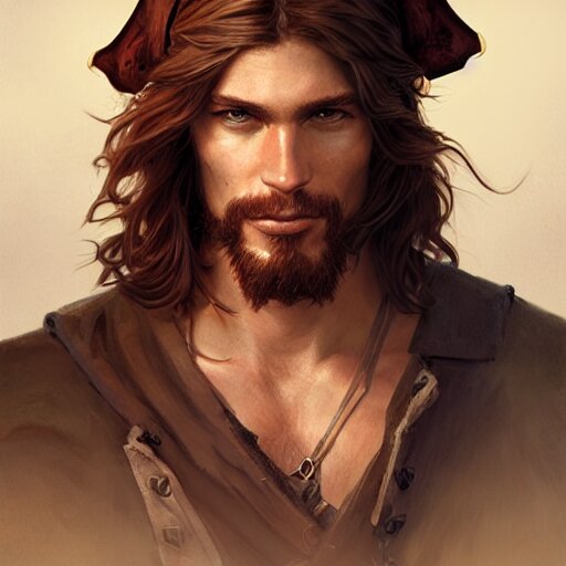 Lexica - Portrait of a young ruggedly handsome but easygoing pirate, male,  masculine, upper body, red hair, long hair, d & d, fantasy, intricate,  ele...
