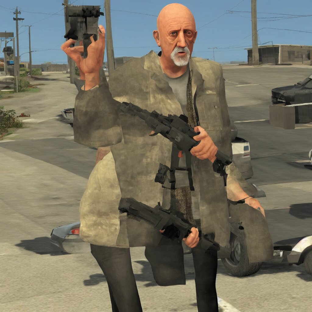 prompthunt: Mike Ehrmantraut in Los Santos, screenshot from the PS2 version  of GTA San Andreas, orange sky, screenshot from 2004, low quality graphics