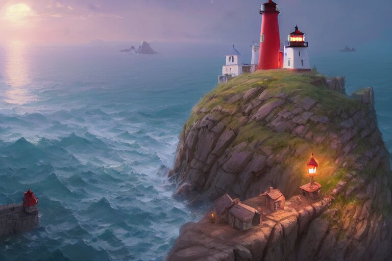 Lexica - Cozy small fantasy village on a cape with a lighthouse ...