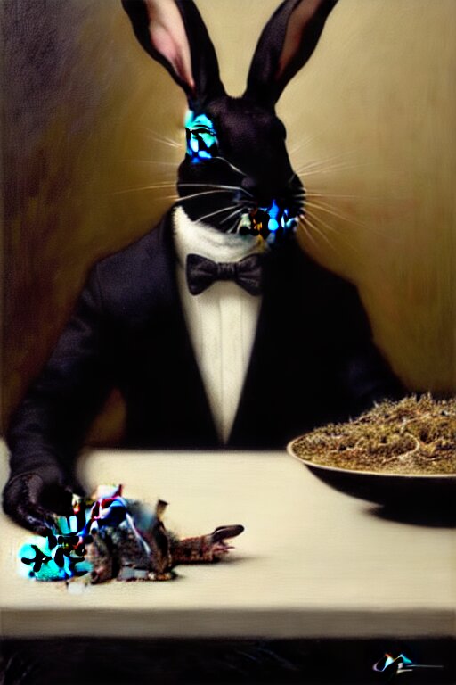 Lexica - Baroque oil painting handsome rabbit in elegant black suit ...
