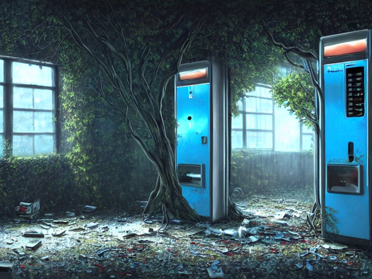 Lexica - Close up of a vending machine in ruins of an abandoned office ...