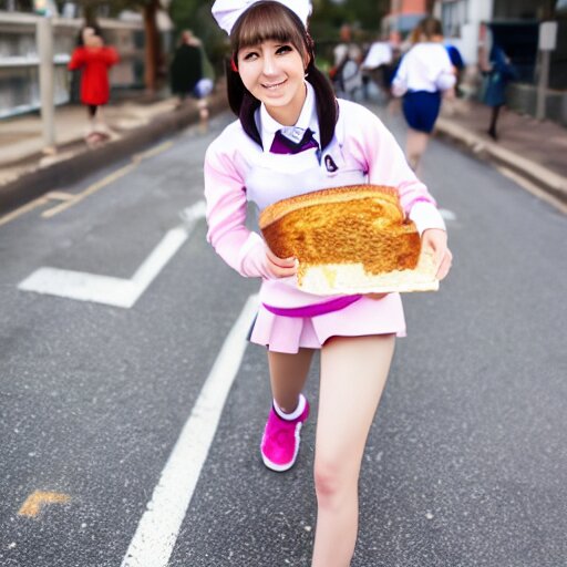 Lexica Super chibi moe anime girl running down the street wearing a