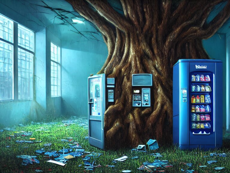 Lexica - Close up of a vending machine in ruins of an abandoned office ...