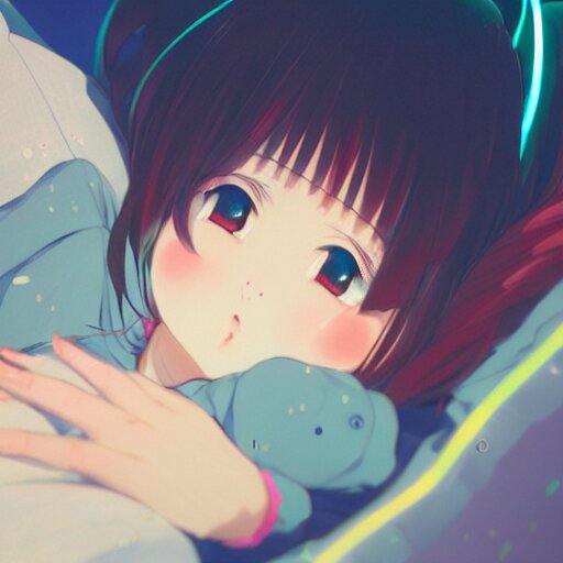 Lexica - A cute anime girl sleeping!!! in a neon lit street, wlop, ilya ...