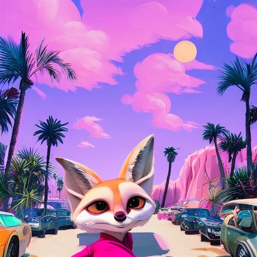 Lexica Fennec fox, pink, palm trees, furry, cute, smug facial